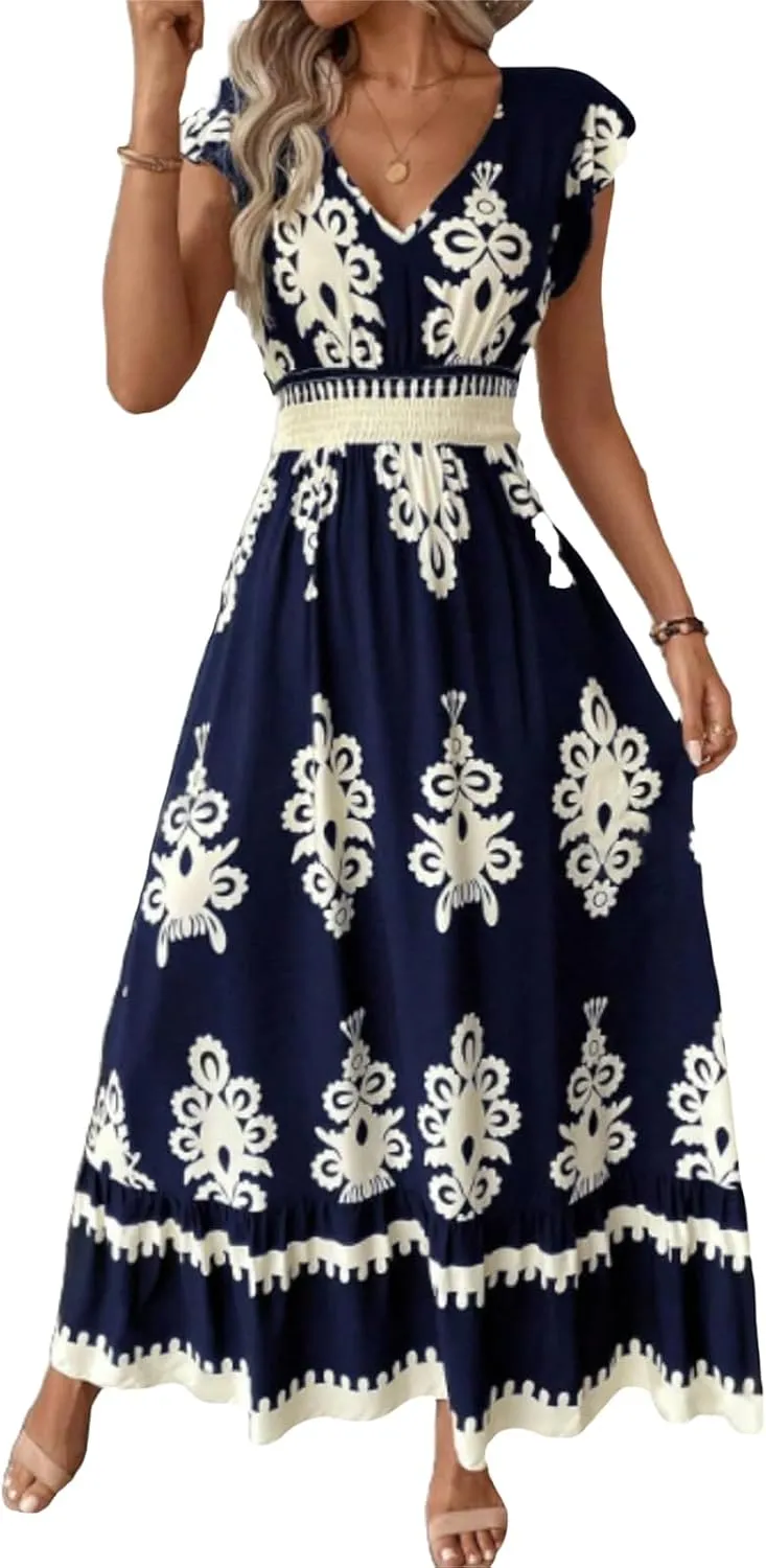 Women Boho Dress Summer Floral Print V Neck Cap Sleeve Maxi Dress Casual Tunic Color Block Ruffle Hem Beach Sundress