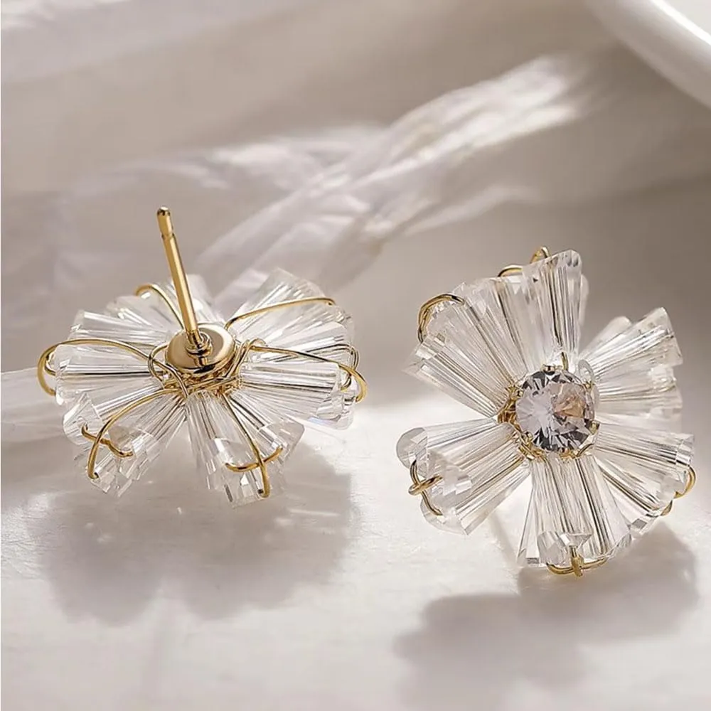 Women Flower Zicron Stud Earrings Handmade Gold Plated Earrings S925 Hypoallergenic Jewelry Birthday Gift Valentine Gift for Her