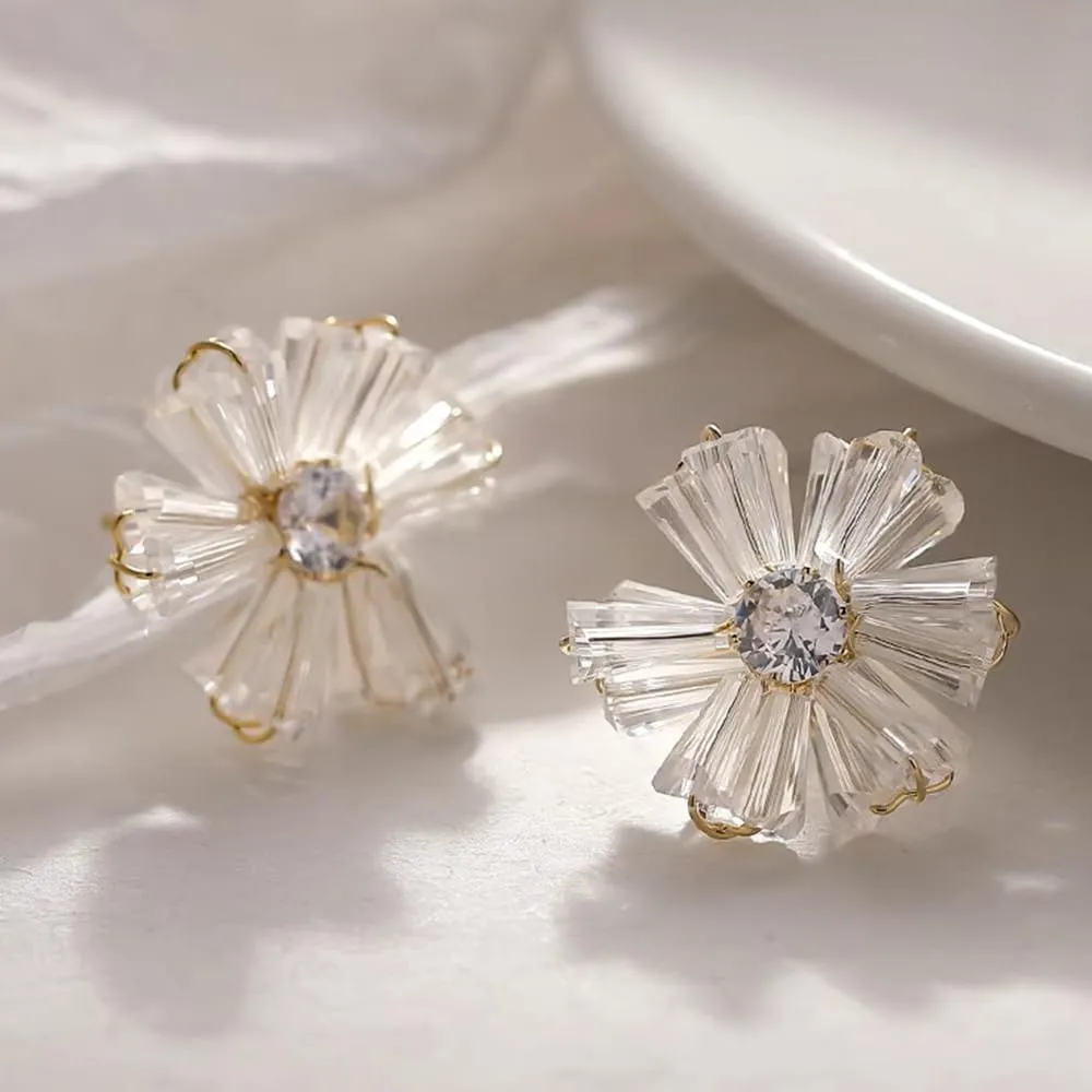 Women Flower Zicron Stud Earrings Handmade Gold Plated Earrings S925 Hypoallergenic Jewelry Birthday Gift Valentine Gift for Her