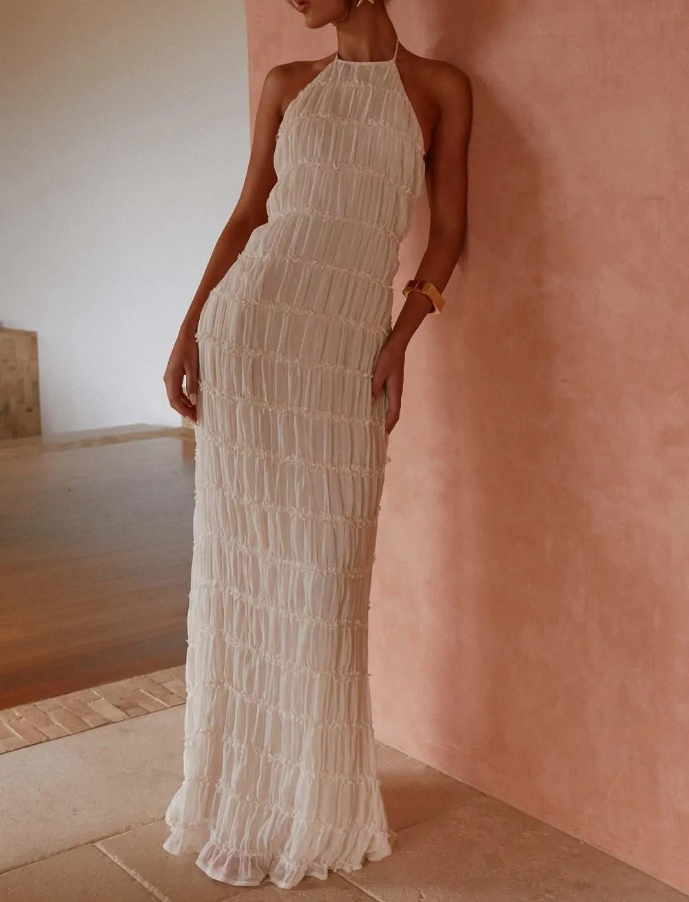 Women Halter Neck Maxi Dress Sleeveless Lace Tiered Smocked Long Dress Sexy Backless Party Vacation Beach Sundress