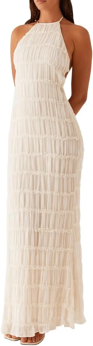 Women Halter Neck Maxi Dress Sleeveless Lace Tiered Smocked Long Dress Sexy Backless Party Vacation Beach Sundress