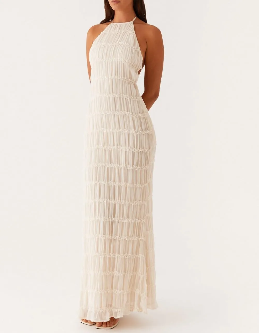 Women Halter Neck Maxi Dress Sleeveless Lace Tiered Smocked Long Dress Sexy Backless Party Vacation Beach Sundress