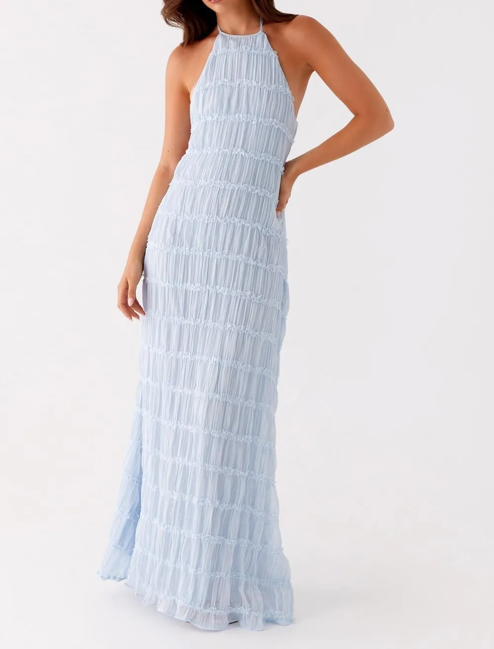 Women Halter Neck Maxi Dress Sleeveless Lace Tiered Smocked Long Dress Sexy Backless Party Vacation Beach Sundress