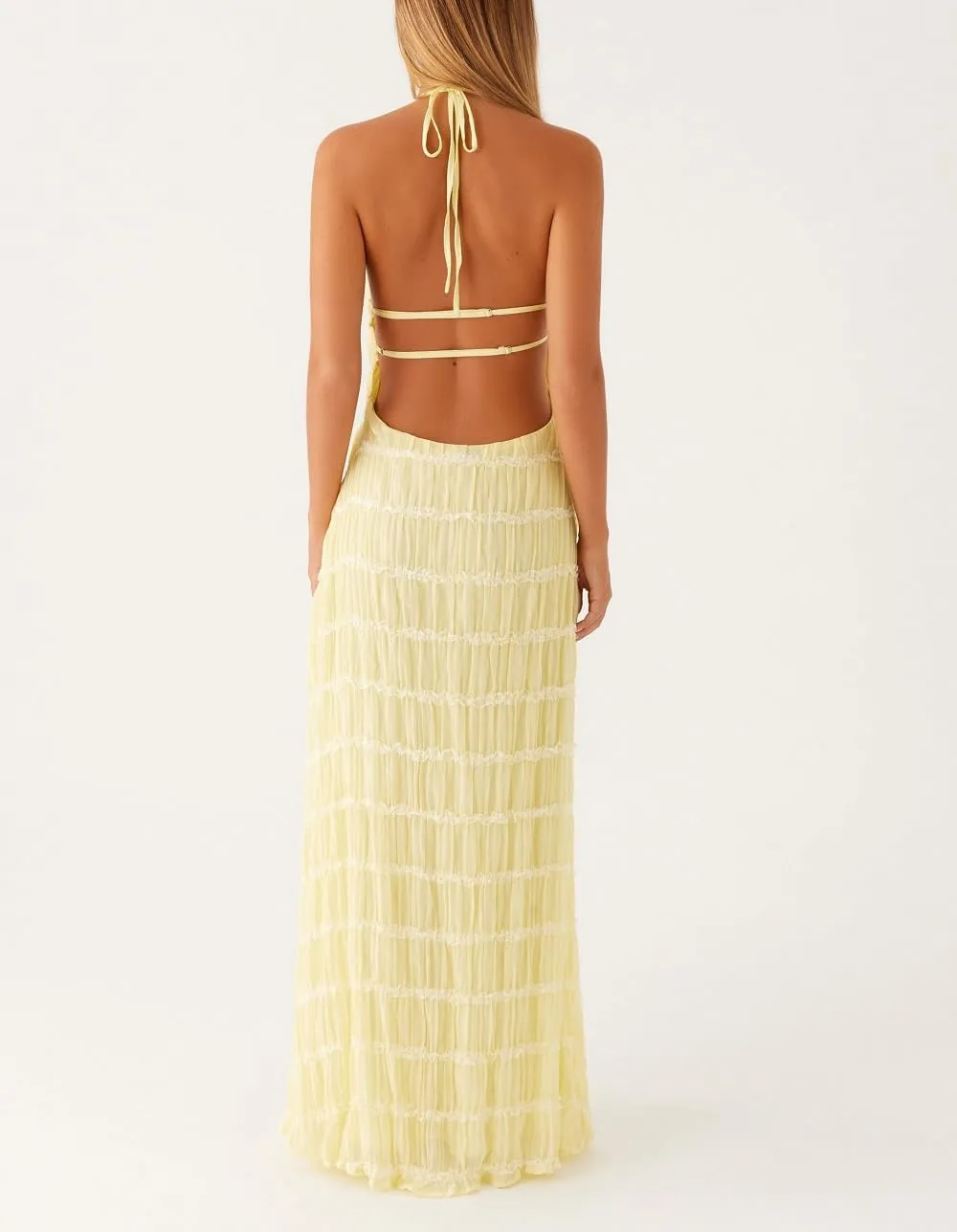 Women Halter Neck Maxi Dress Sleeveless Lace Tiered Smocked Long Dress Sexy Backless Party Vacation Beach Sundress