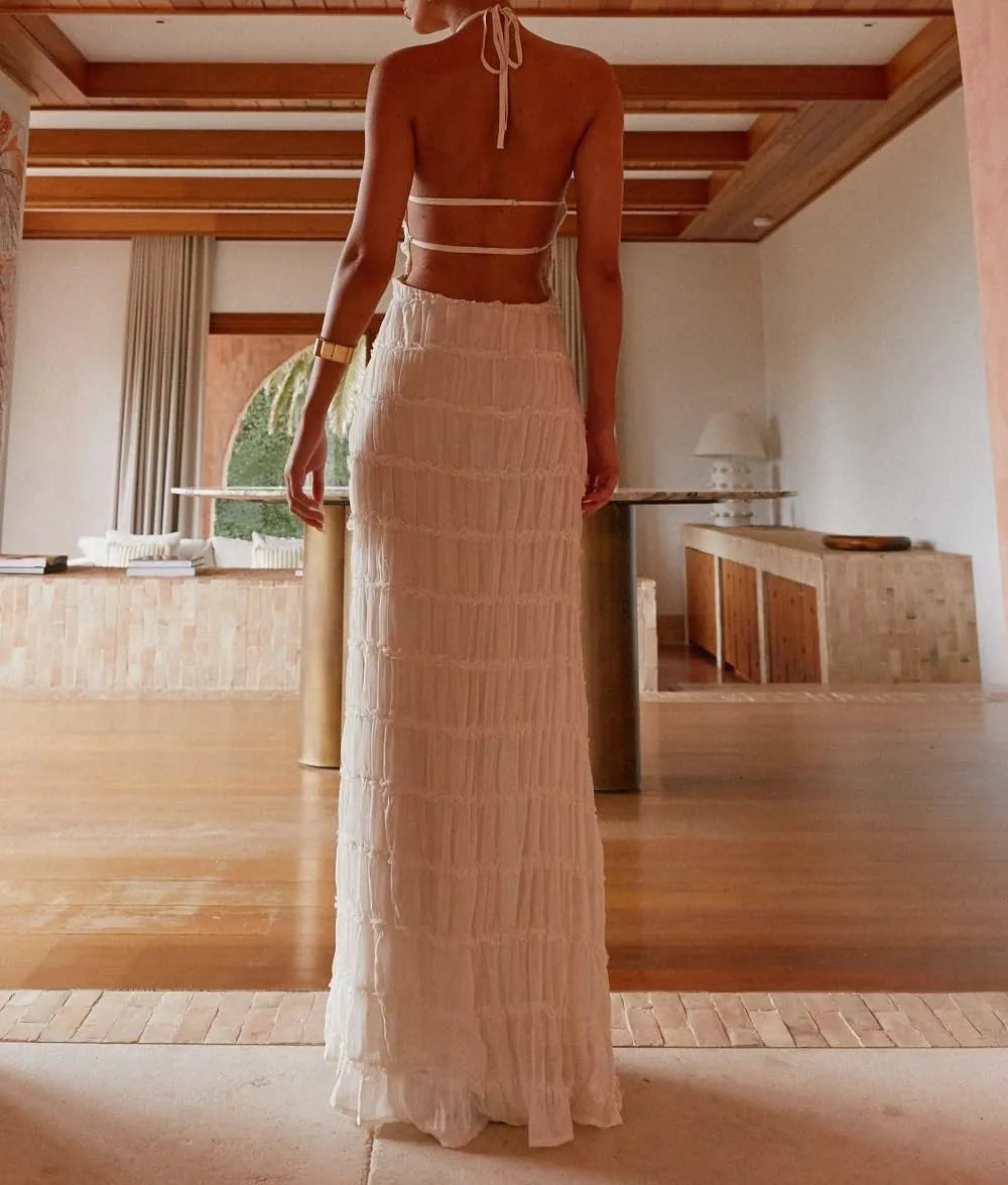 Women Halter Neck Maxi Dress Sleeveless Lace Tiered Smocked Long Dress Sexy Backless Party Vacation Beach Sundress