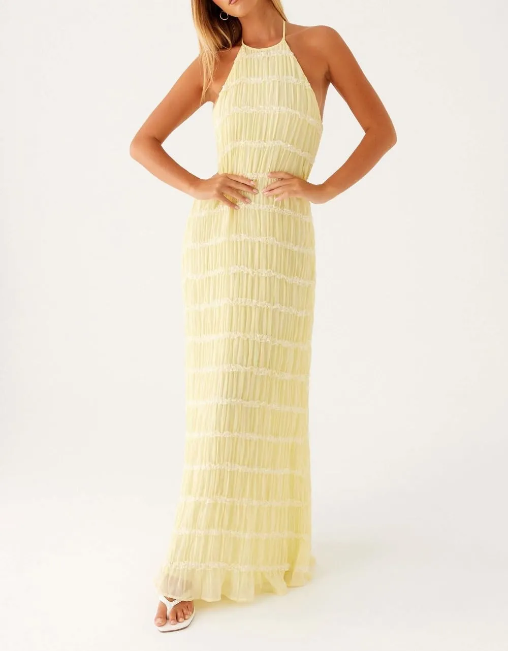 Women Halter Neck Maxi Dress Sleeveless Lace Tiered Smocked Long Dress Sexy Backless Party Vacation Beach Sundress