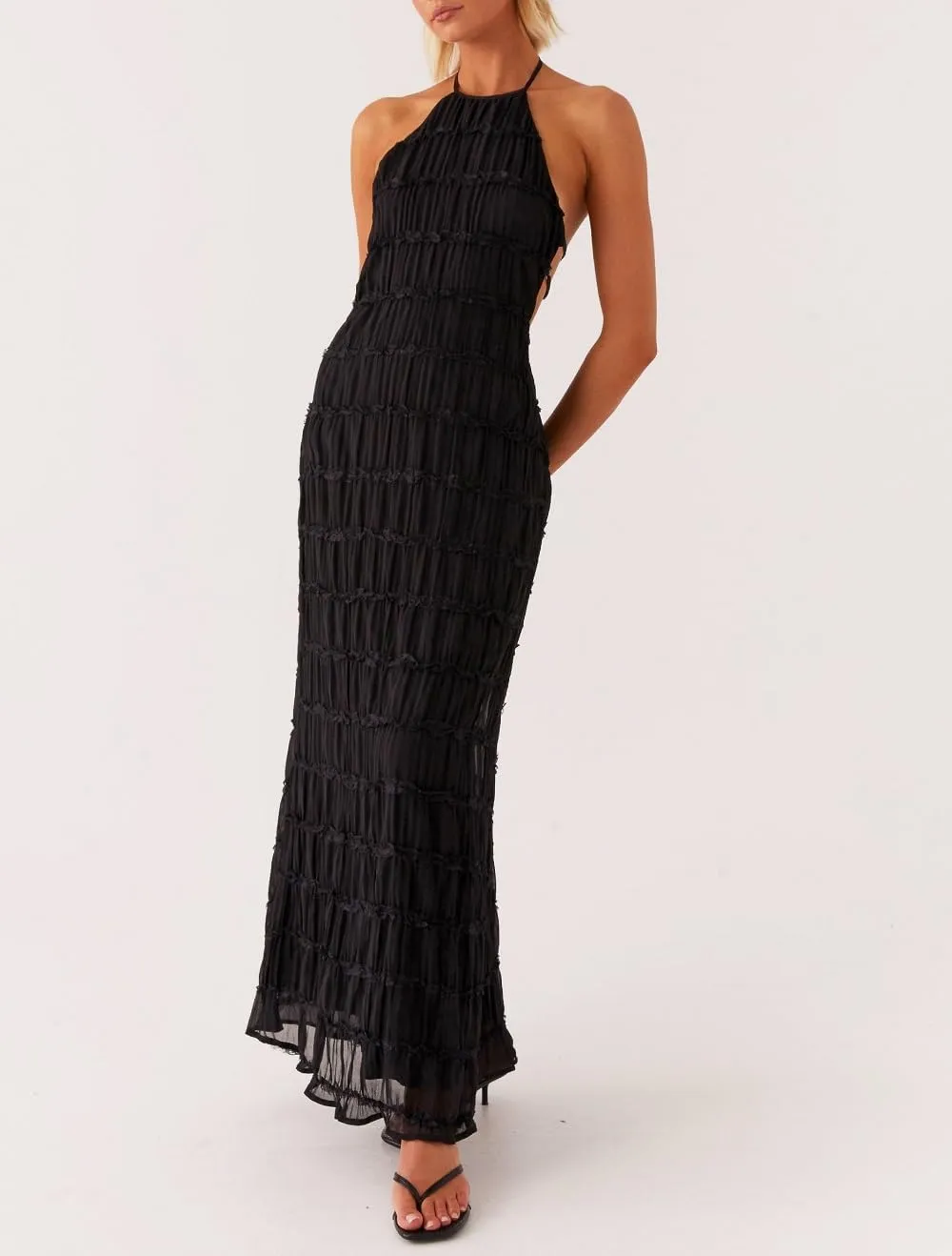 Women Halter Neck Maxi Dress Sleeveless Lace Tiered Smocked Long Dress Sexy Backless Party Vacation Beach Sundress