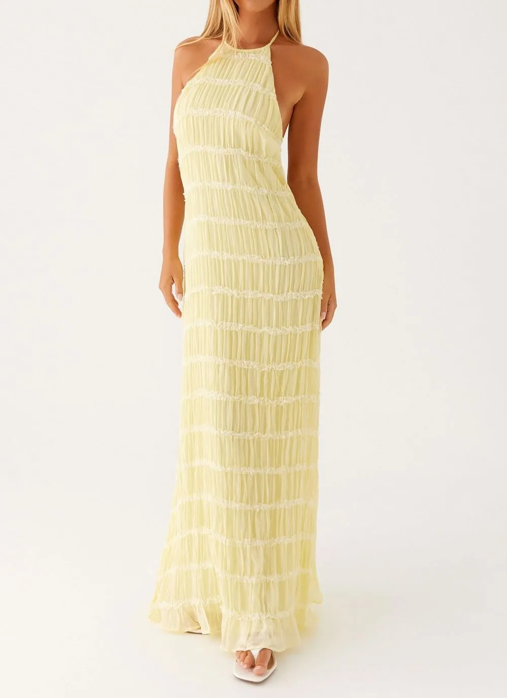 Women Halter Neck Maxi Dress Sleeveless Lace Tiered Smocked Long Dress Sexy Backless Party Vacation Beach Sundress
