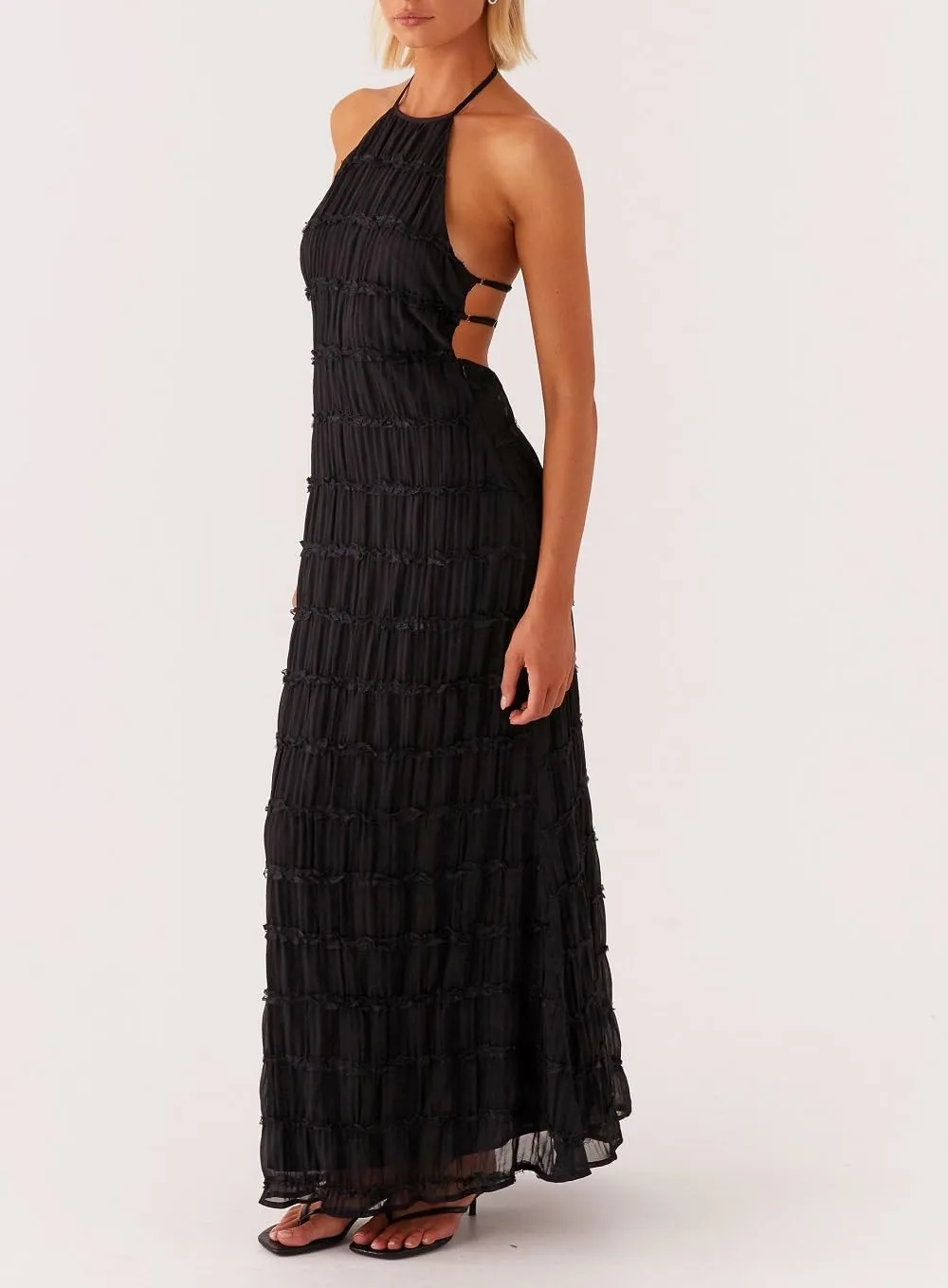 Women Halter Neck Maxi Dress Sleeveless Lace Tiered Smocked Long Dress Sexy Backless Party Vacation Beach Sundress