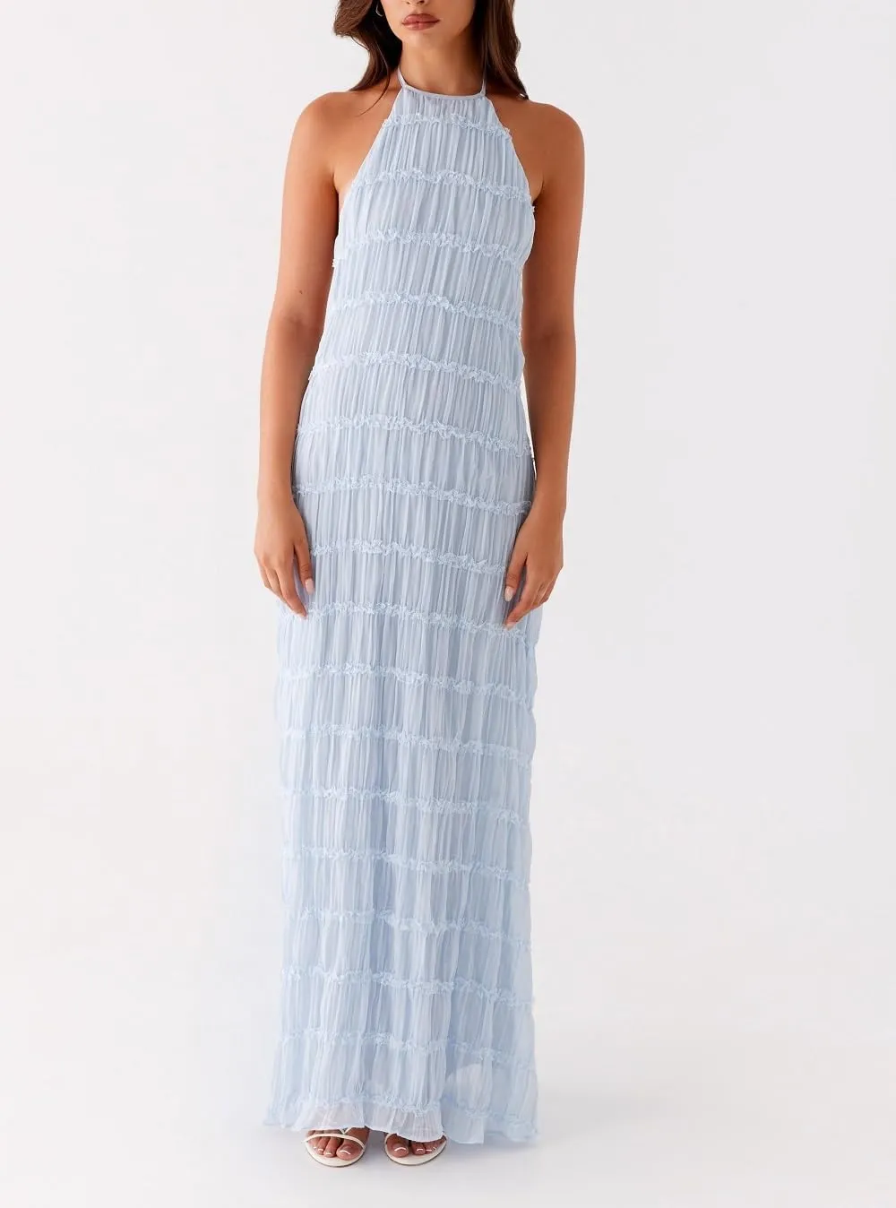 Women Halter Neck Maxi Dress Sleeveless Lace Tiered Smocked Long Dress Sexy Backless Party Vacation Beach Sundress