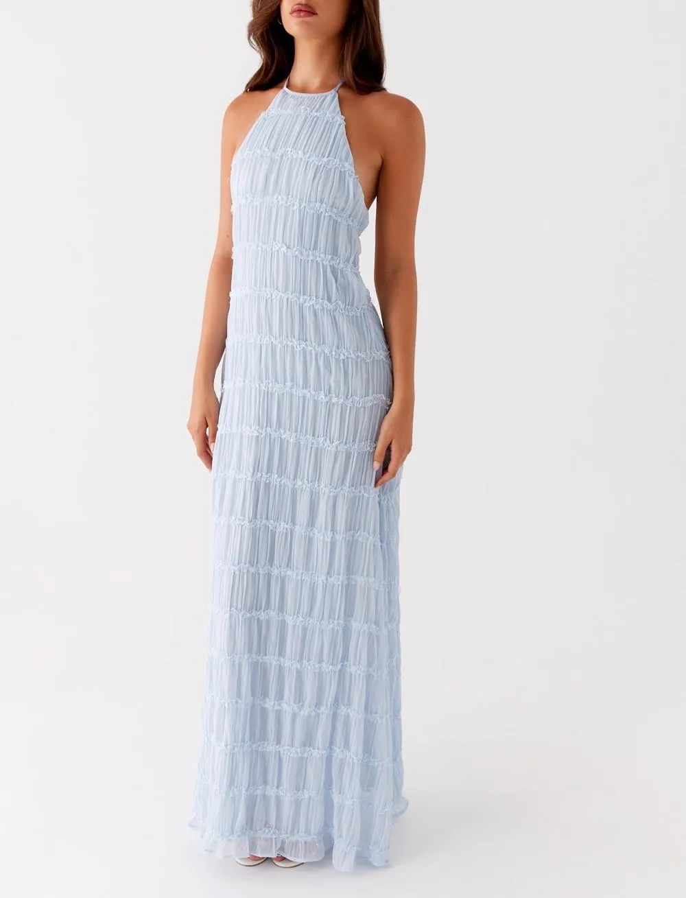 Women Halter Neck Maxi Dress Sleeveless Lace Tiered Smocked Long Dress Sexy Backless Party Vacation Beach Sundress