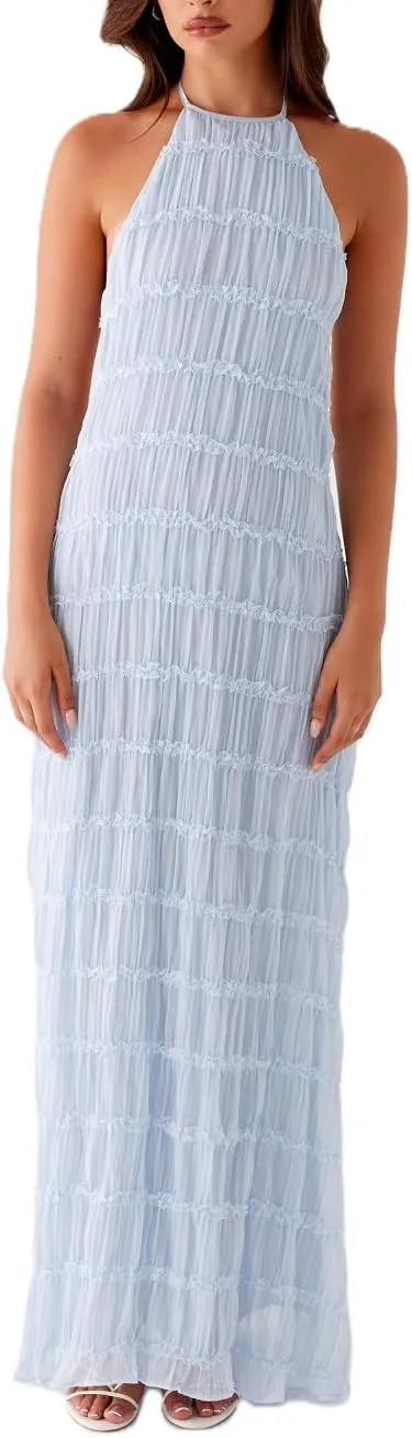 Women Halter Neck Maxi Dress Sleeveless Lace Tiered Smocked Long Dress Sexy Backless Party Vacation Beach Sundress