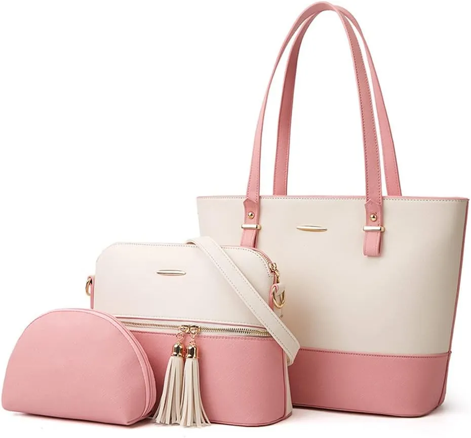 Women Handbags Set Textured Leather Purses Tote Shoulder Bags Dome Satchel Bag with Tassel Small Clutch Wallet 3-Pcs