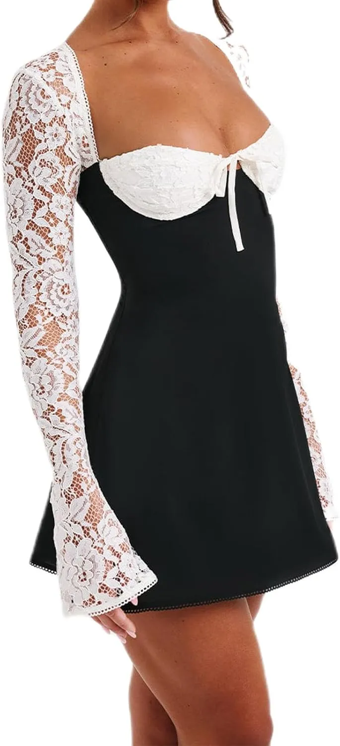 Women Lace Long Sleeve Mini Dress Y2K Floral Lace Patchwork Tie Up Low-Cut Backless Party Short Cami Dress