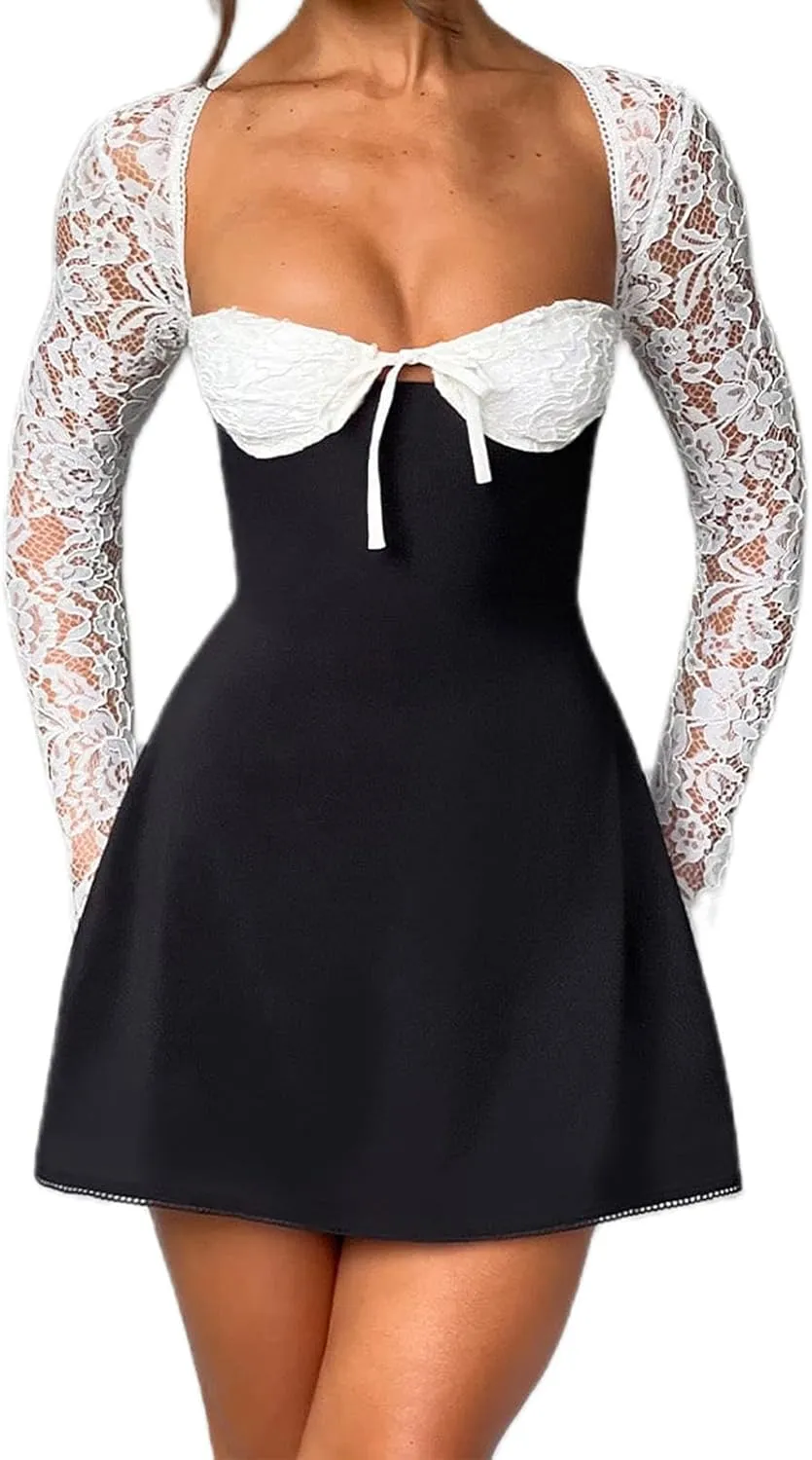 Women Lace Long Sleeve Mini Dress Y2K Floral Lace Patchwork Tie Up Low-Cut Backless Party Short Cami Dress
