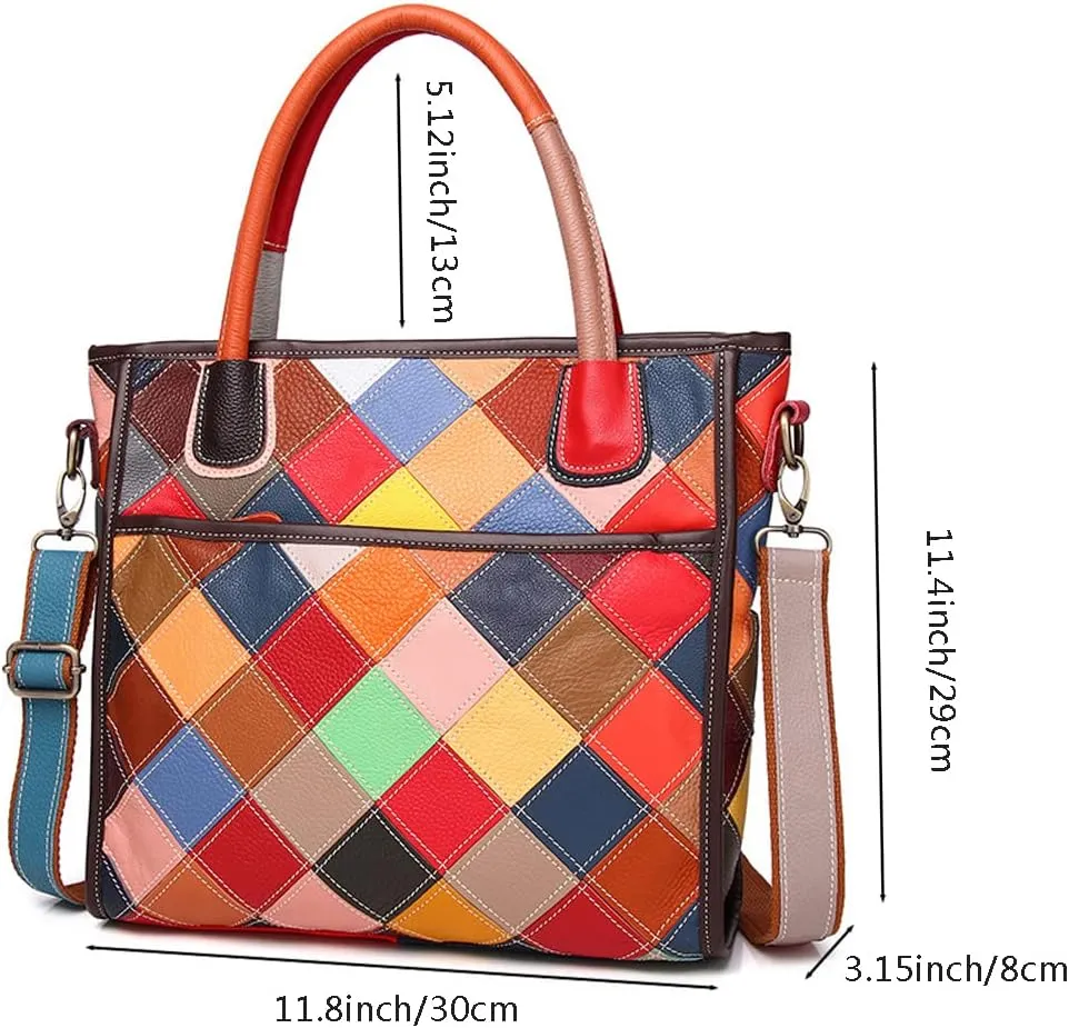 Women Multicolor Handbag Cowhide Shoulder Purse Random Square Patchwork Satchel