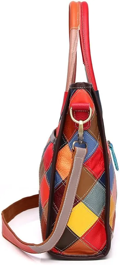 Women Multicolor Handbag Cowhide Shoulder Purse Random Square Patchwork Satchel