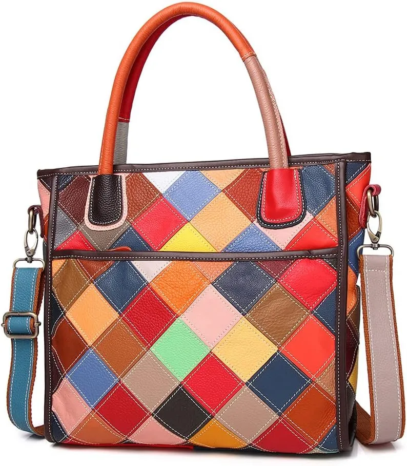 Women Multicolor Handbag Cowhide Shoulder Purse Random Square Patchwork Satchel