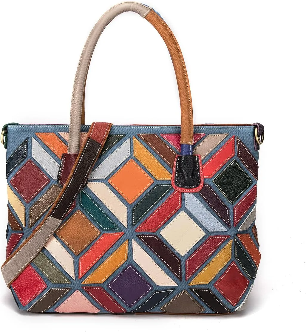 Women Multicolour Tote Random Colorful Geometric Pattern Spliced Handbag Genuine Leather Shoulder Purse Work Satchel