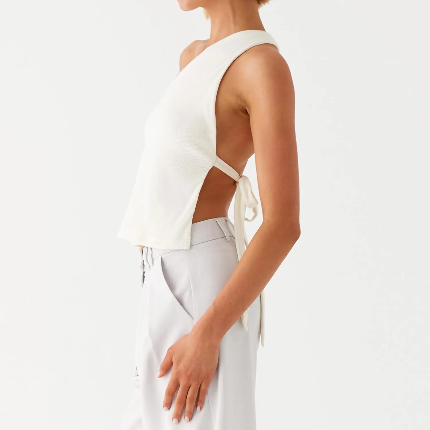 Women One Shoulder Tank Top Y2K Vintage Sleeveless Backless Tie-up Side Vest Coquette Aesthetic Crop Top Streetwear