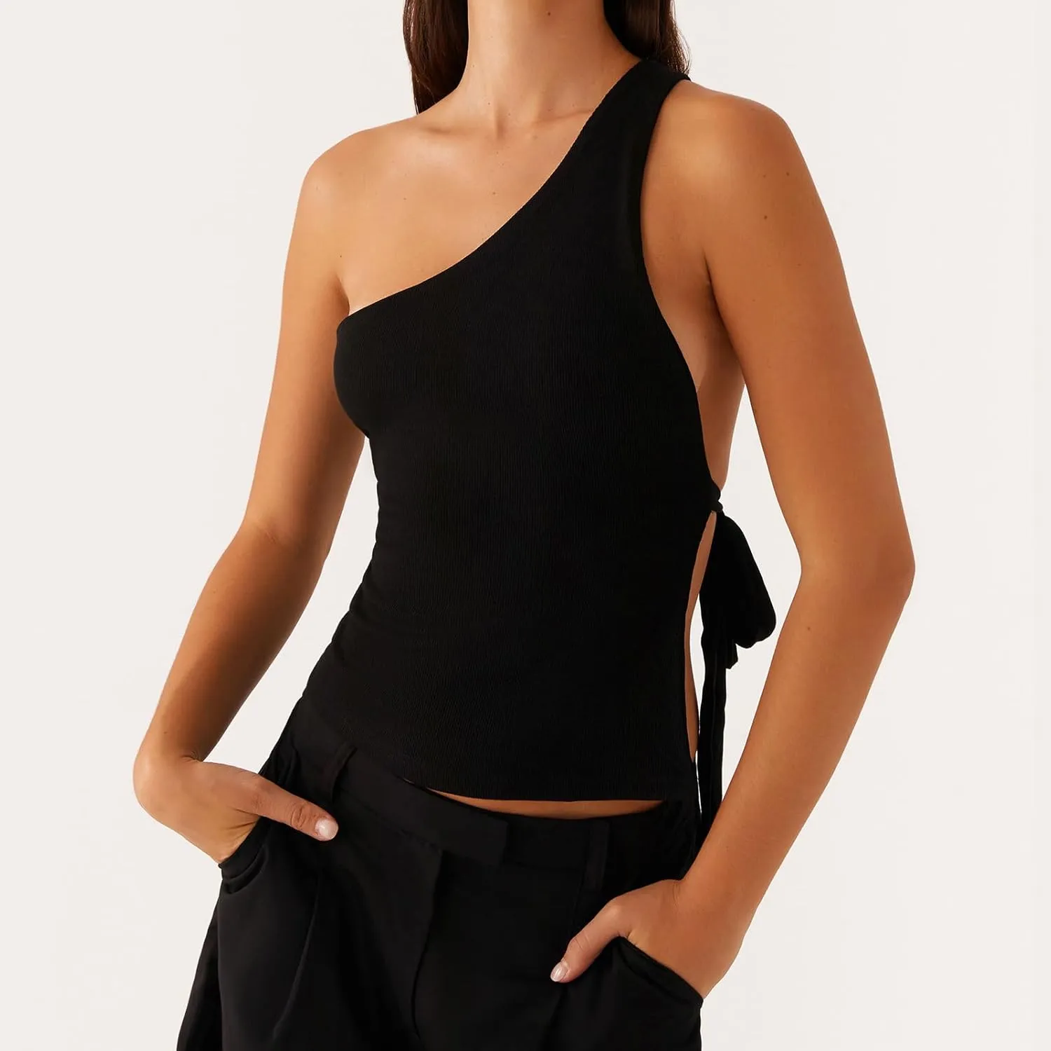 Women One Shoulder Tank Top Y2K Vintage Sleeveless Backless Tie-up Side Vest Coquette Aesthetic Crop Top Streetwear