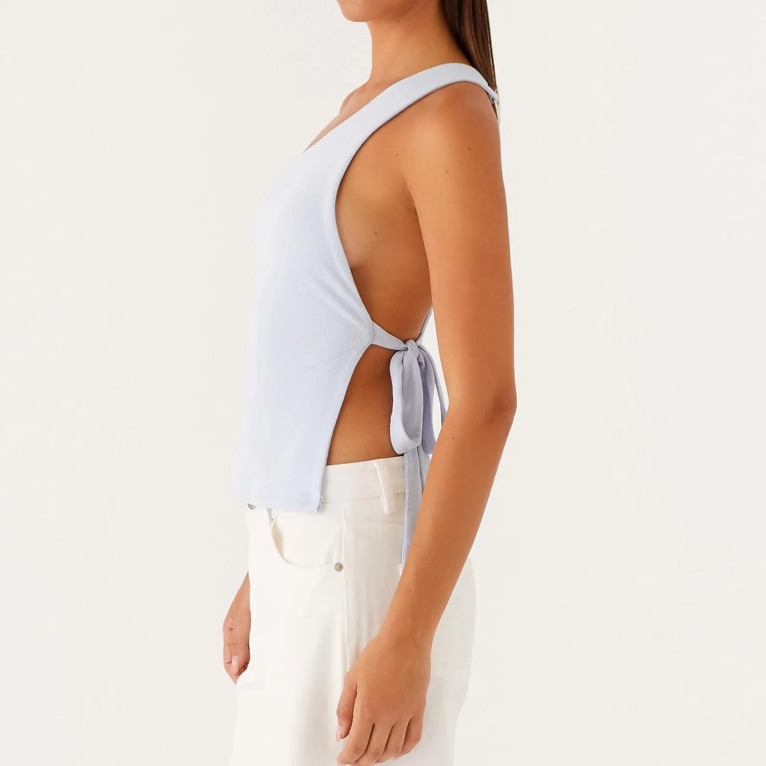 Women One Shoulder Tank Top Y2K Vintage Sleeveless Backless Tie-up Side Vest Coquette Aesthetic Crop Top Streetwear