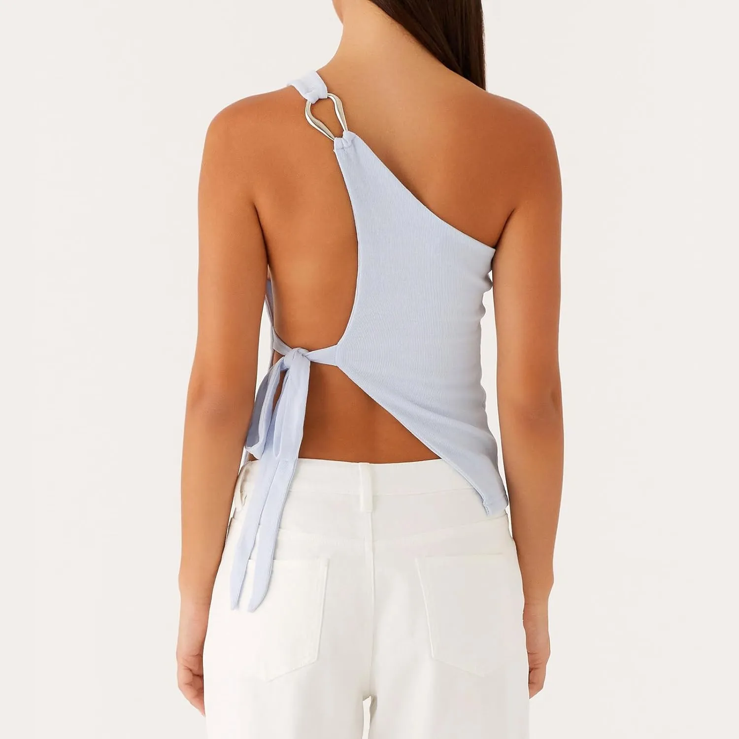 Women One Shoulder Tank Top Y2K Vintage Sleeveless Backless Tie-up Side Vest Coquette Aesthetic Crop Top Streetwear