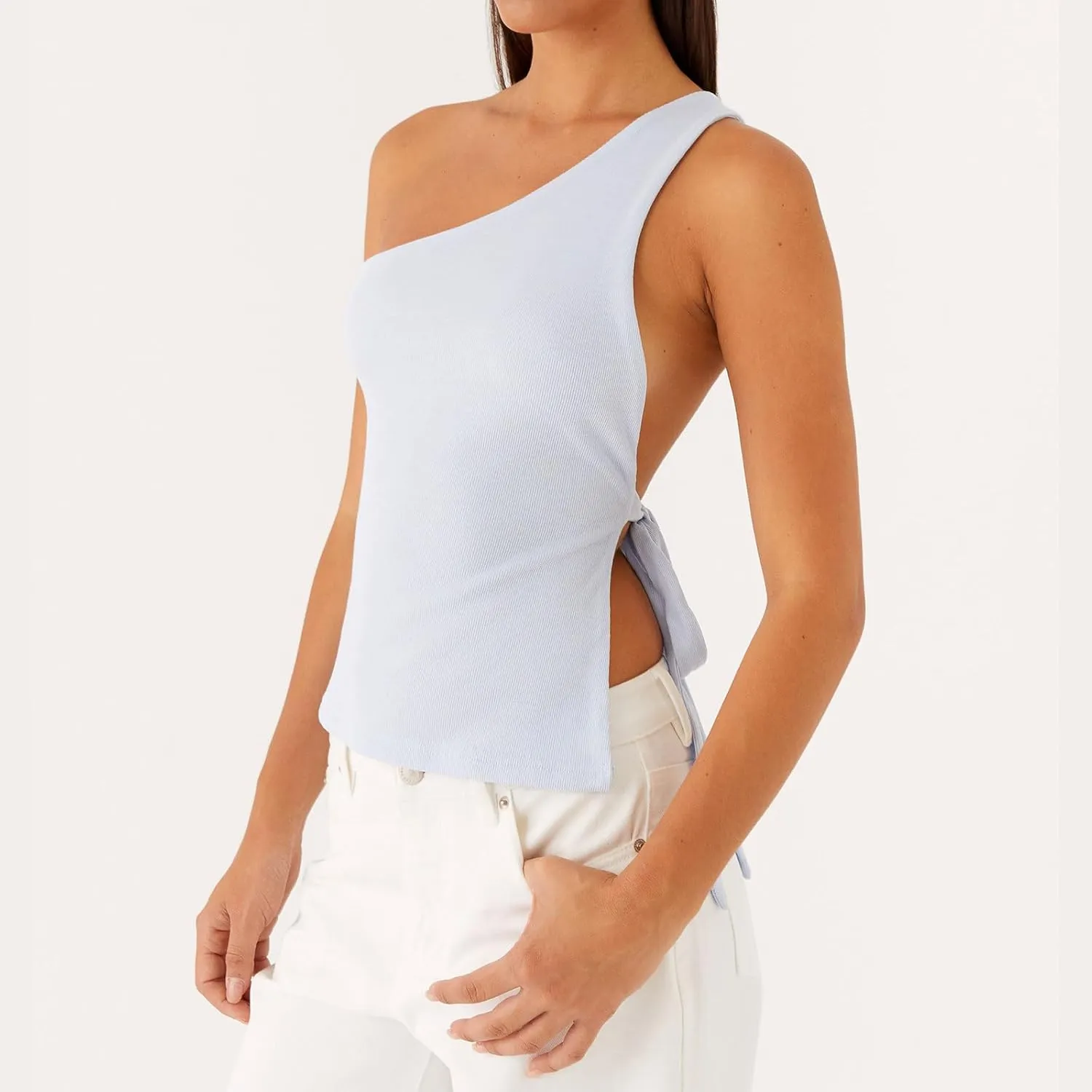Women One Shoulder Tank Top Y2K Vintage Sleeveless Backless Tie-up Side Vest Coquette Aesthetic Crop Top Streetwear