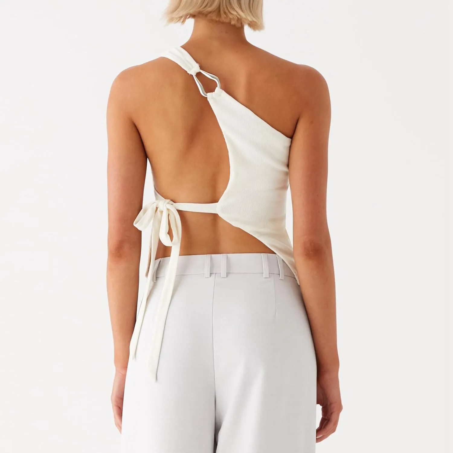 Women One Shoulder Tank Top Y2K Vintage Sleeveless Backless Tie-up Side Vest Coquette Aesthetic Crop Top Streetwear