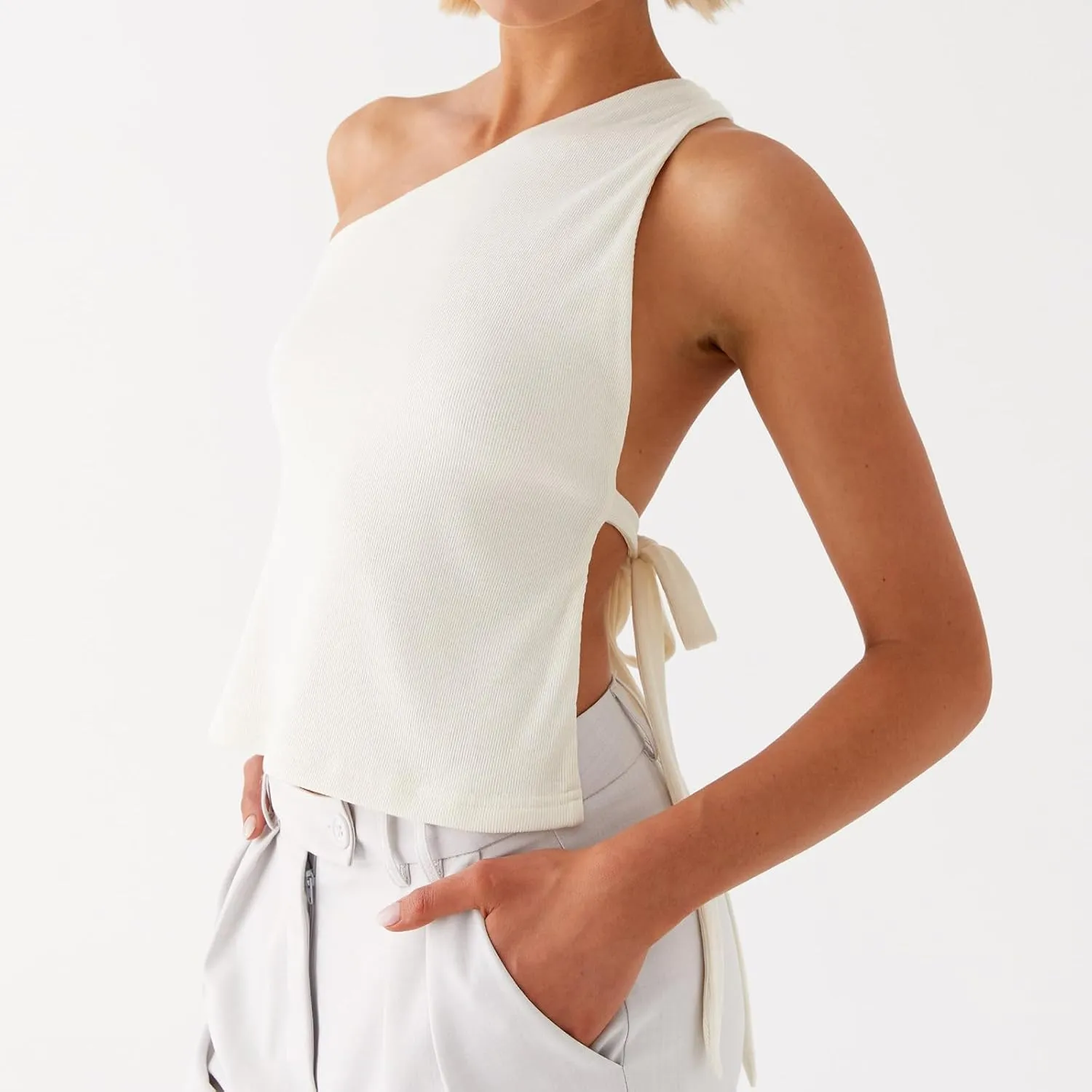 Women One Shoulder Tank Top Y2K Vintage Sleeveless Backless Tie-up Side Vest Coquette Aesthetic Crop Top Streetwear