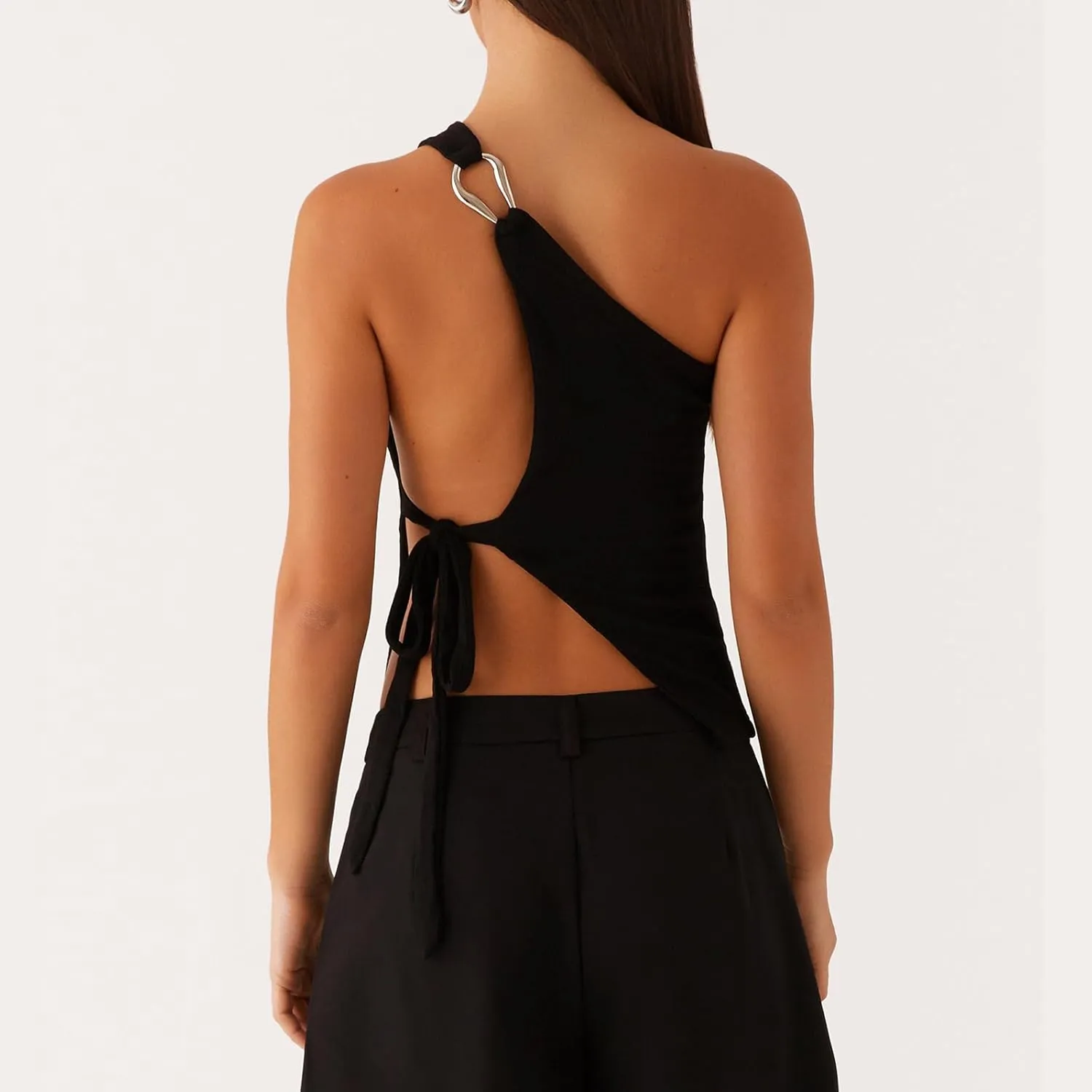Women One Shoulder Tank Top Y2K Vintage Sleeveless Backless Tie-up Side Vest Coquette Aesthetic Crop Top Streetwear