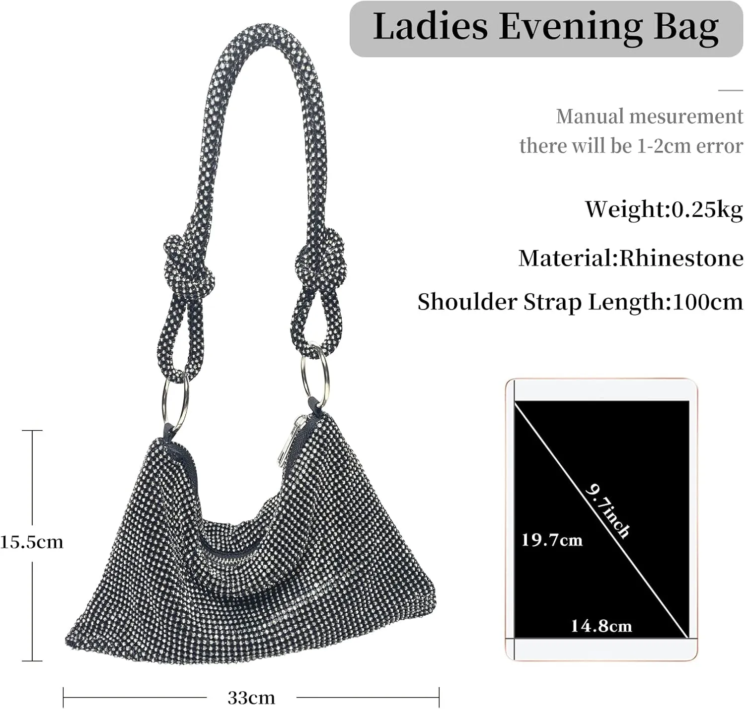 Women Rhinestones Evening Bag Crystal Clutch Bag Sparkly Sequin Glitter Handbag Wedding Purse Bling Hobo Bag
