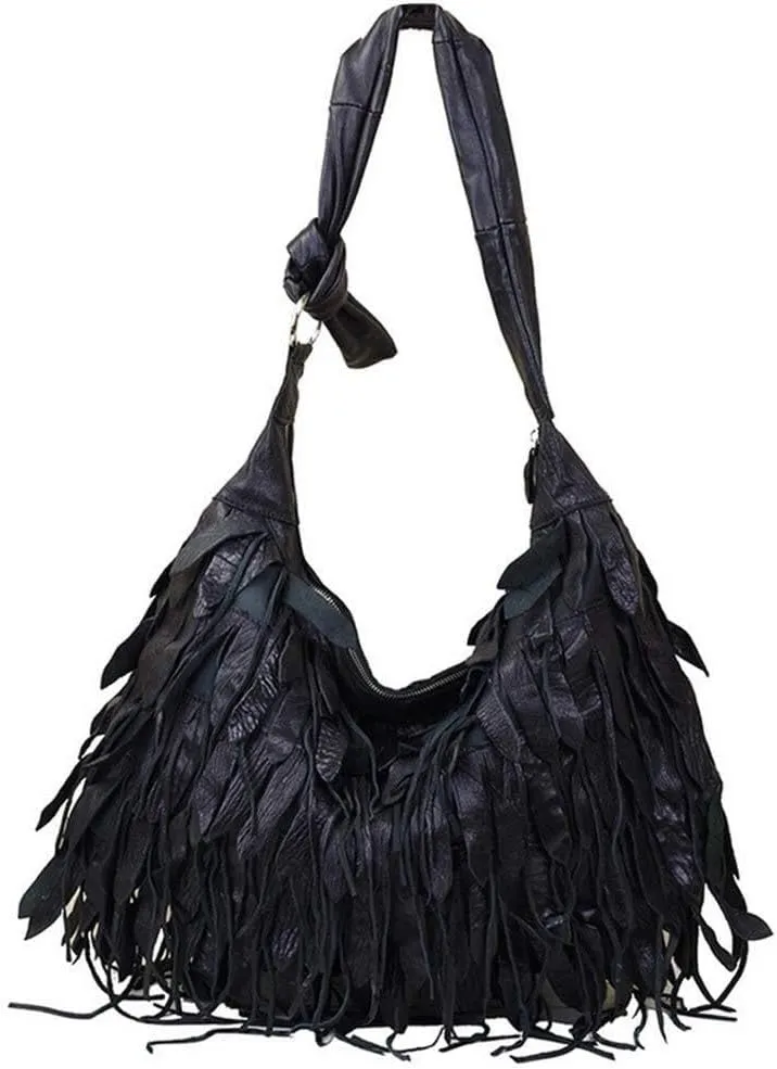 Women Shoulder Bag Sheepskin Hobo Genuine Leather Crossbody Bags Patchwork Tassel Stripe Leisure Handbag Black