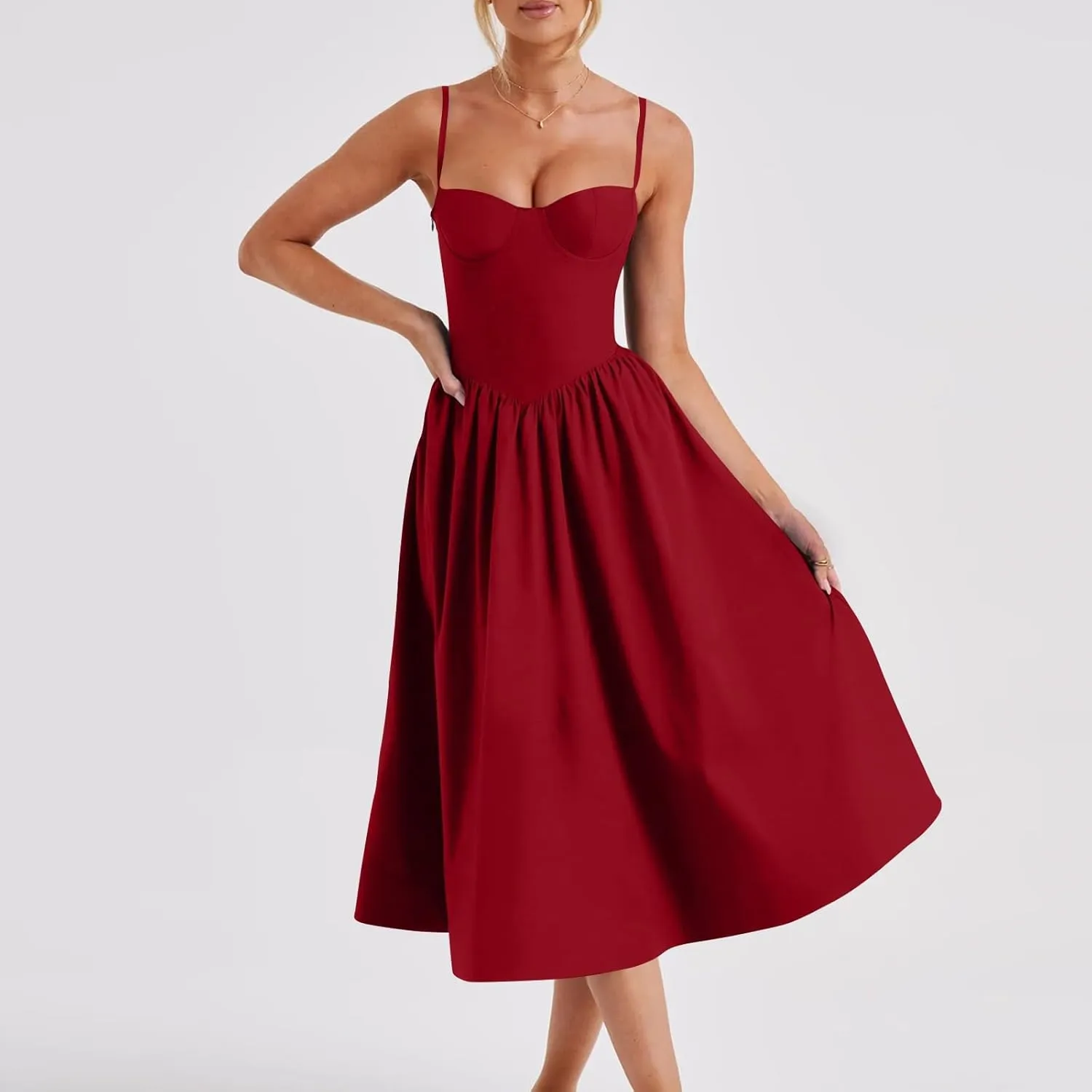 Women Summer 2025 Maxi Dress Spaghetti Strap Back CRIS Cross Flowy Pleated Hem Corset Skirt Church Work Dresses Outfits