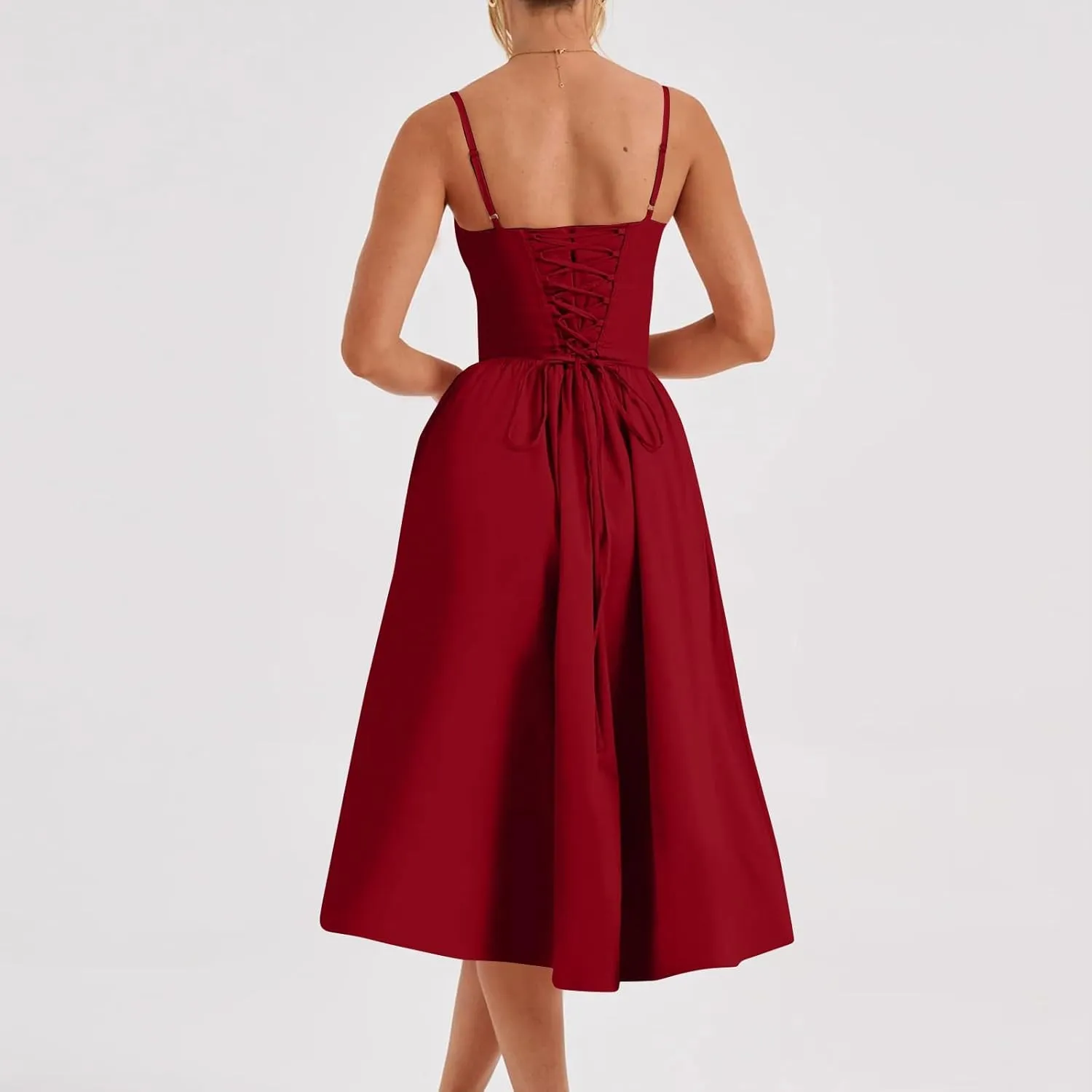 Women Summer 2025 Maxi Dress Spaghetti Strap Back CRIS Cross Flowy Pleated Hem Corset Skirt Church Work Dresses Outfits