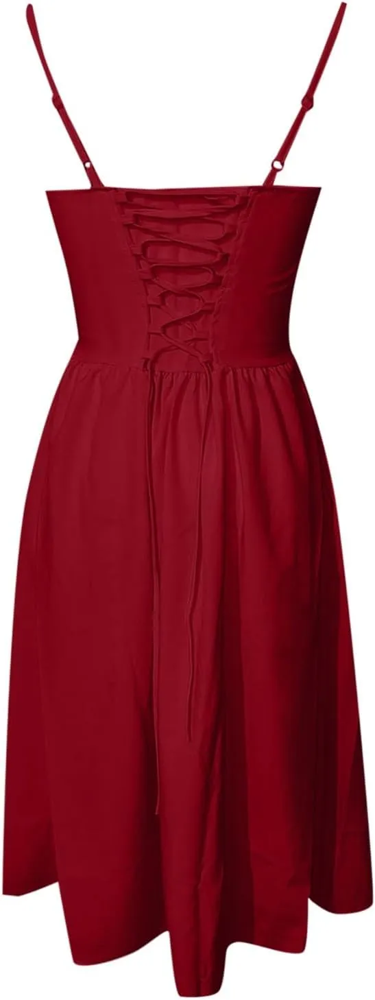 Women Summer 2025 Maxi Dress Spaghetti Strap Back CRIS Cross Flowy Pleated Hem Corset Skirt Church Work Dresses Outfits