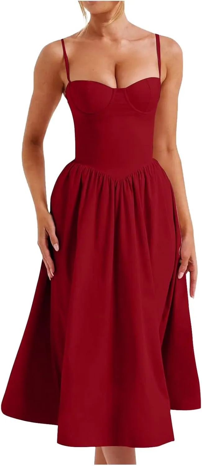 Women Summer 2025 Maxi Dress Spaghetti Strap Back CRIS Cross Flowy Pleated Hem Corset Skirt Church Work Dresses Outfits