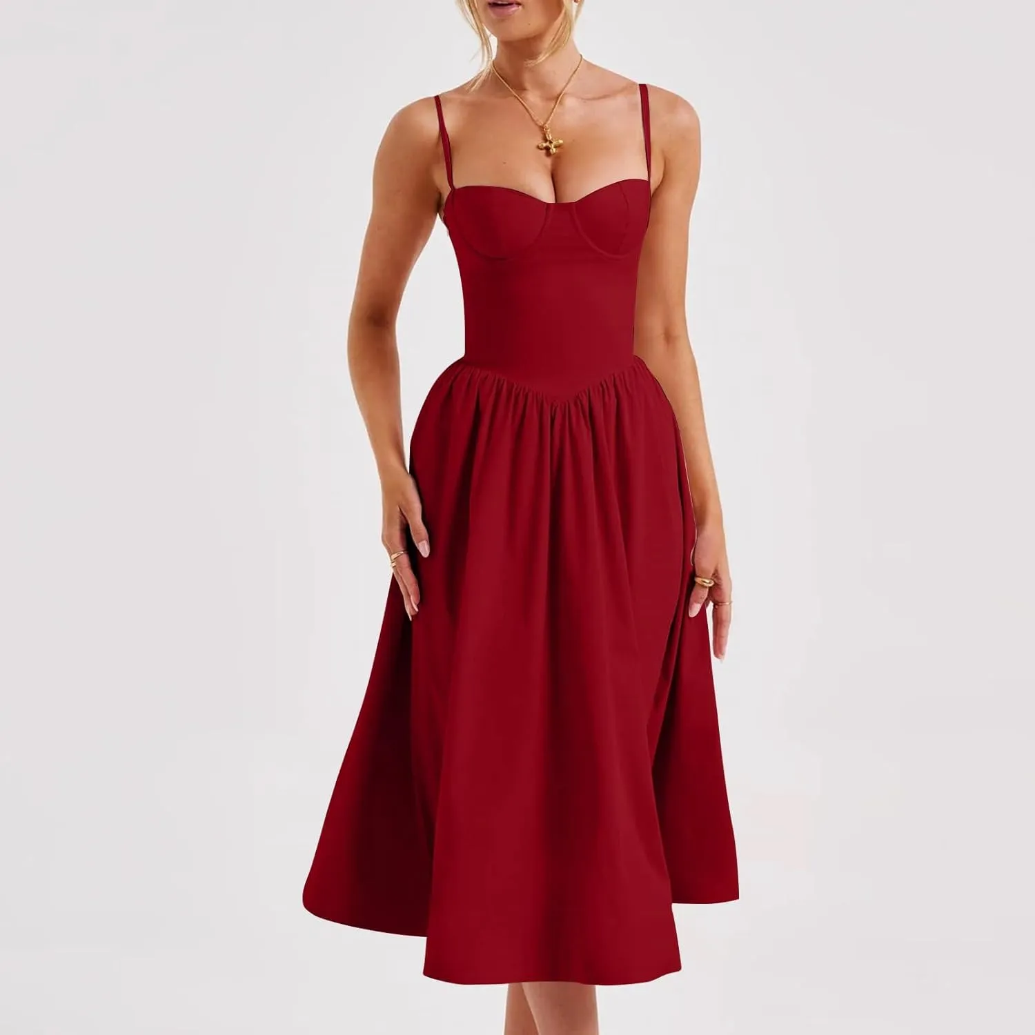 Women Summer 2025 Maxi Dress Spaghetti Strap Back CRIS Cross Flowy Pleated Hem Corset Skirt Church Work Dresses Outfits