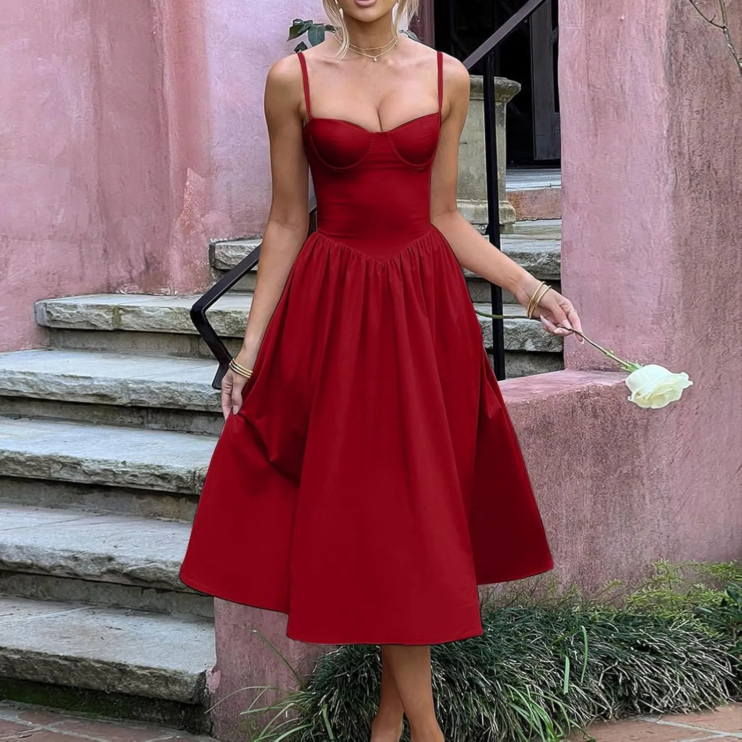 Women Summer 2025 Maxi Dress Spaghetti Strap Back CRIS Cross Flowy Pleated Hem Corset Skirt Church Work Dresses Outfits