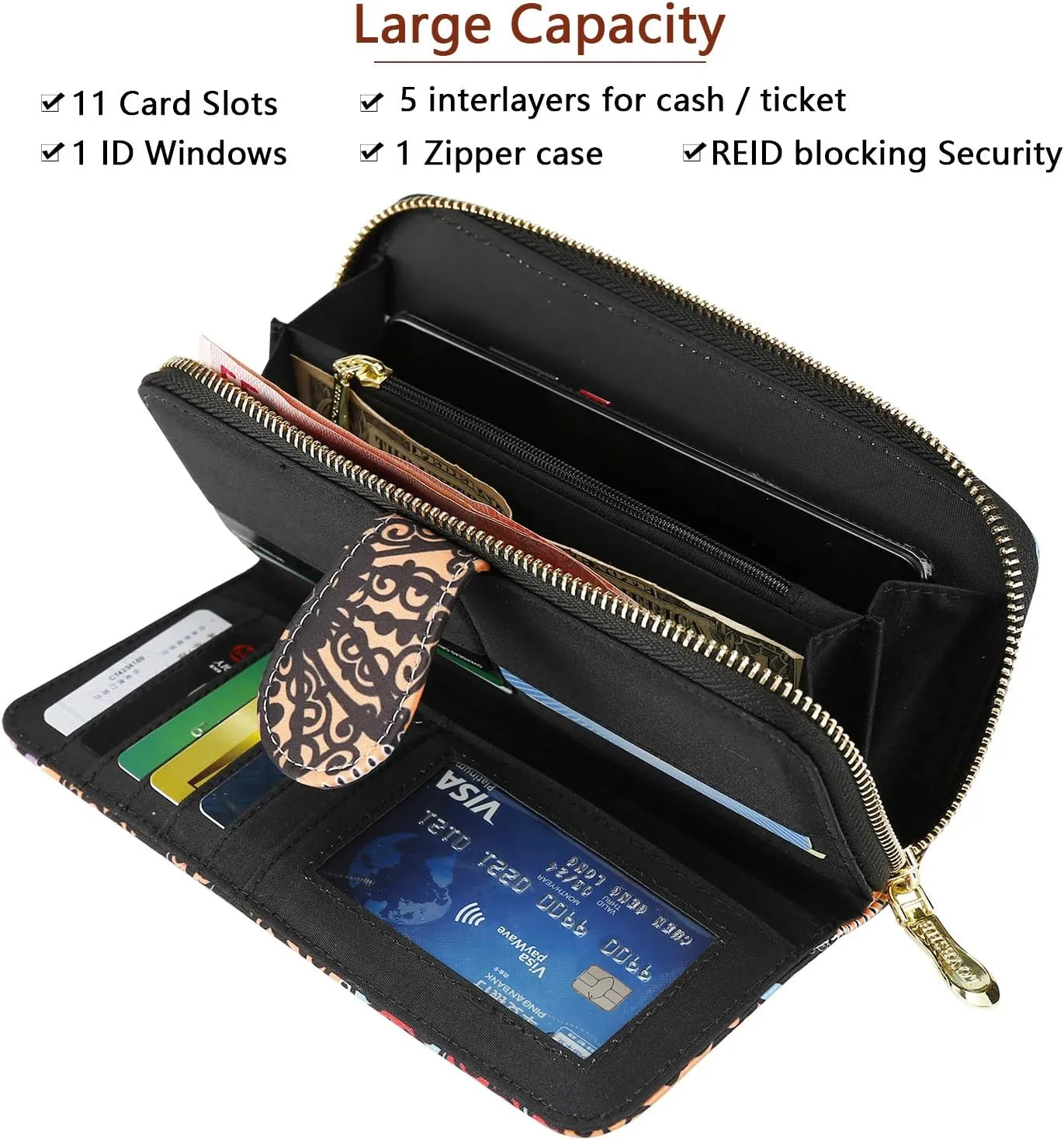 Women Wallet Card RFID For Womens Holder Blocking Credit Small Zipper Purse Pocket Bifold Slim Coin ID Ladies Wristlet Clutch Large Capacity Window Case Travel Zip Women's
