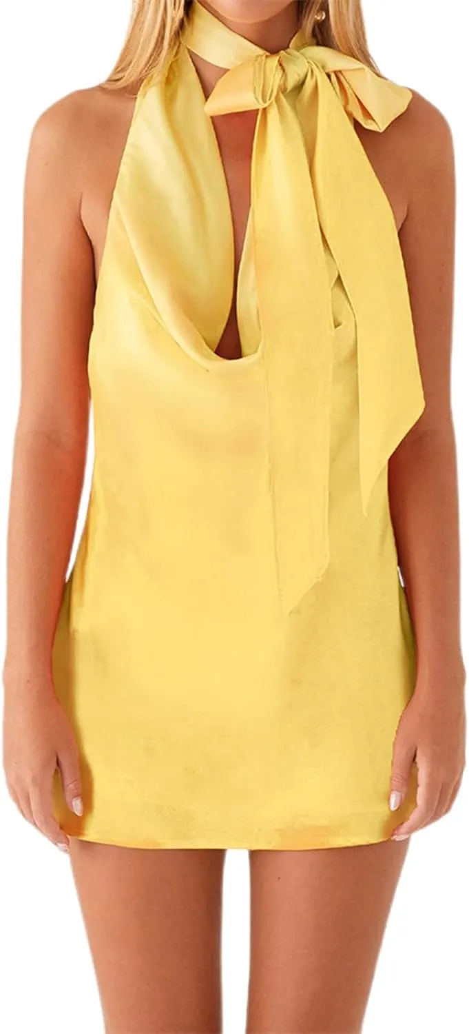 Women Y2K Strapless Mini Dress Summer Sexy Floral Backless Halter Silk Satin Scarf Short Formal Dresses