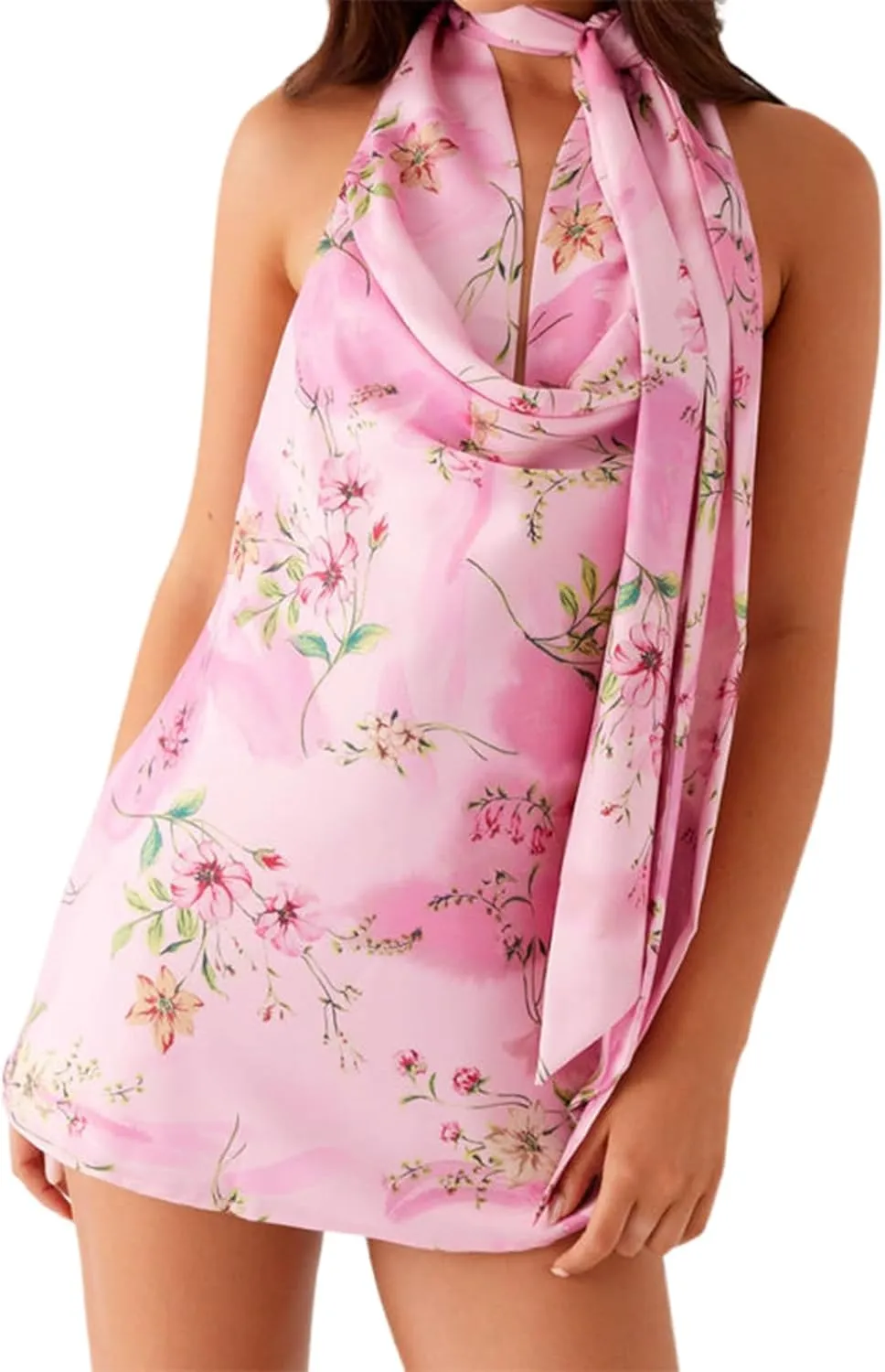 Women Y2K Strapless Mini Dress Summer Sexy Floral Backless Halter Silk Satin Scarf Short Formal Dresses