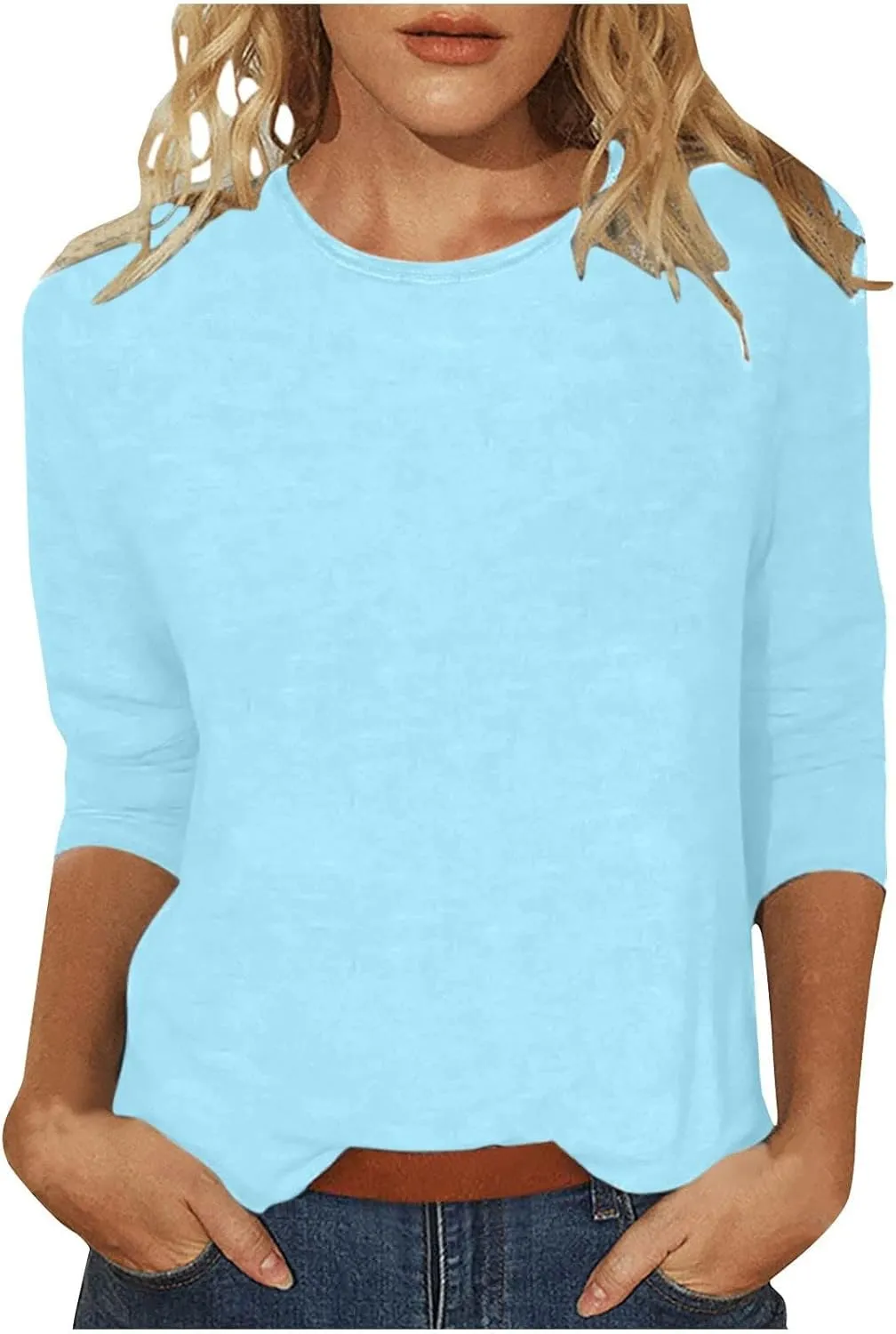 Women's 3/4 Sleeve Tops Trendy Summer 2025 Crew Neck Solid Color T-Shirts Slim Tunic Blouses Loose Fit Workout Outfits