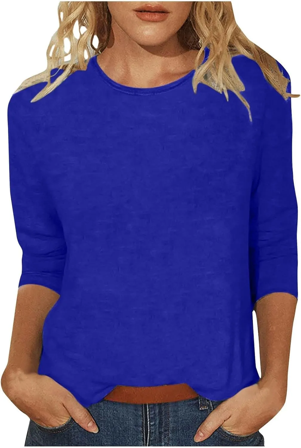 Women's 3/4 Sleeve Tops Trendy Summer 2025 Crew Neck Solid Color T-Shirts Slim Tunic Blouses Loose Fit Workout Outfits
