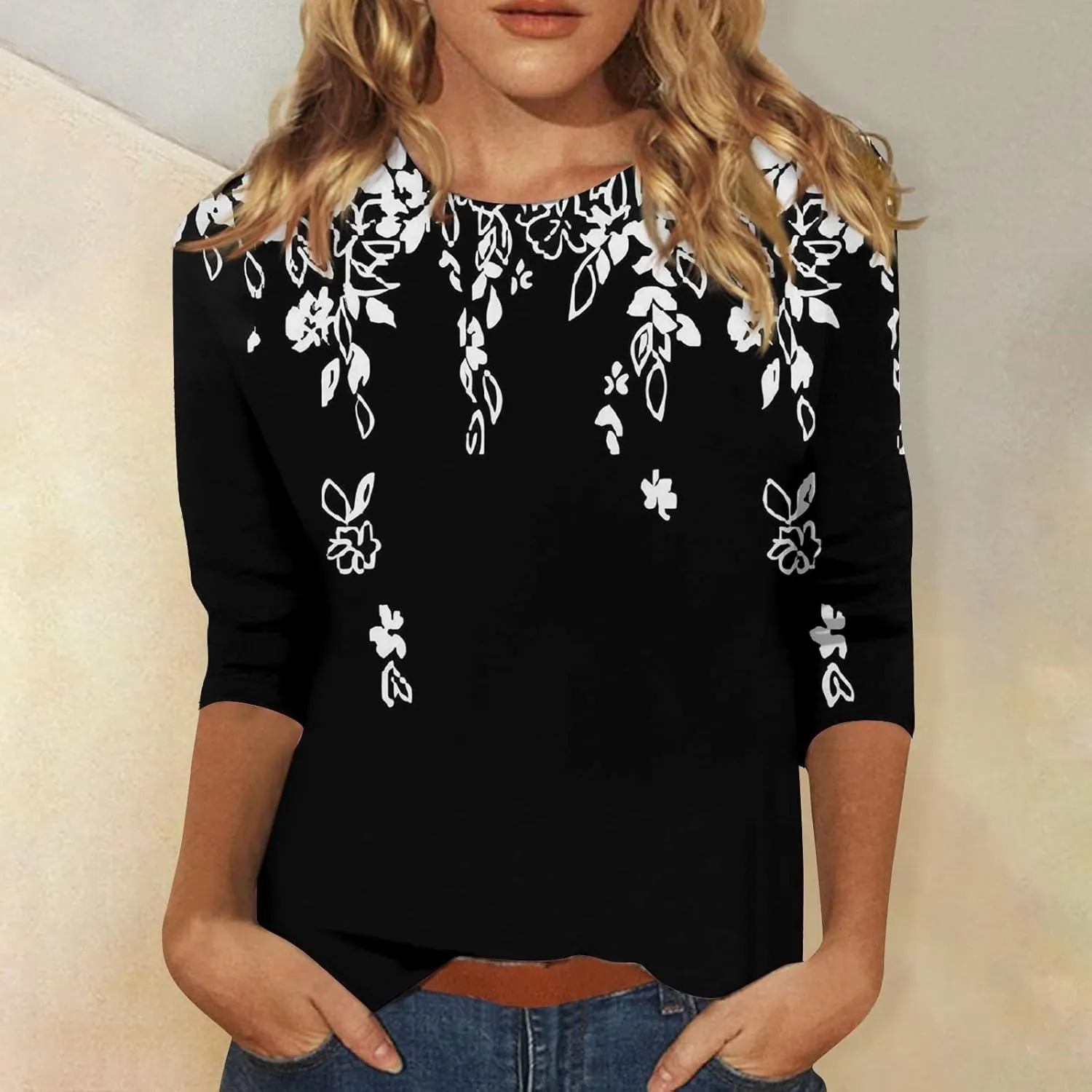 Womens 3/4 Sleeve Tops Womens Blouses Dressy Casual Loose Floral Print Pullover Tops Fall Fashion 2024