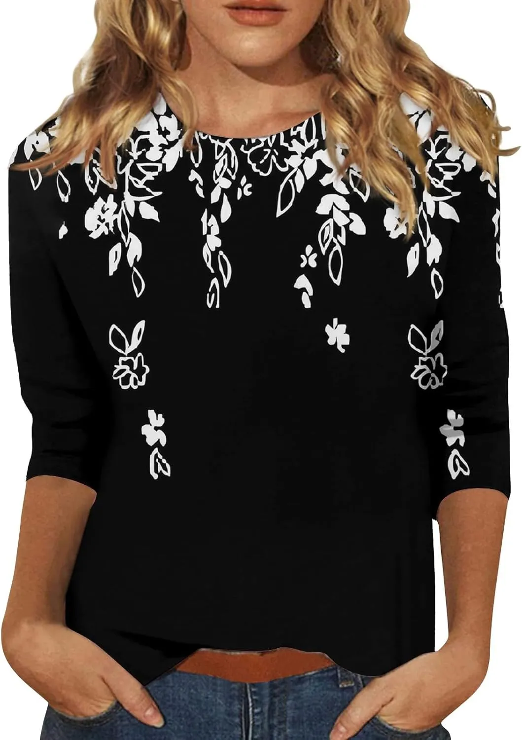Womens 3/4 Sleeve Tops Womens Blouses Dressy Casual Loose Floral Print Pullover Tops Fall Fashion 2024