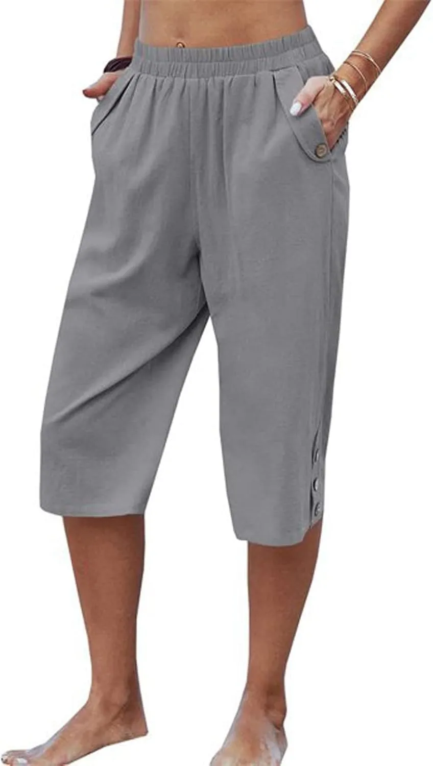 Womens Capri Pants Casual Bermuda Linen Cropped Pants Elastic Waist 3/4 Wide Leg Summer Trousers with Pockets