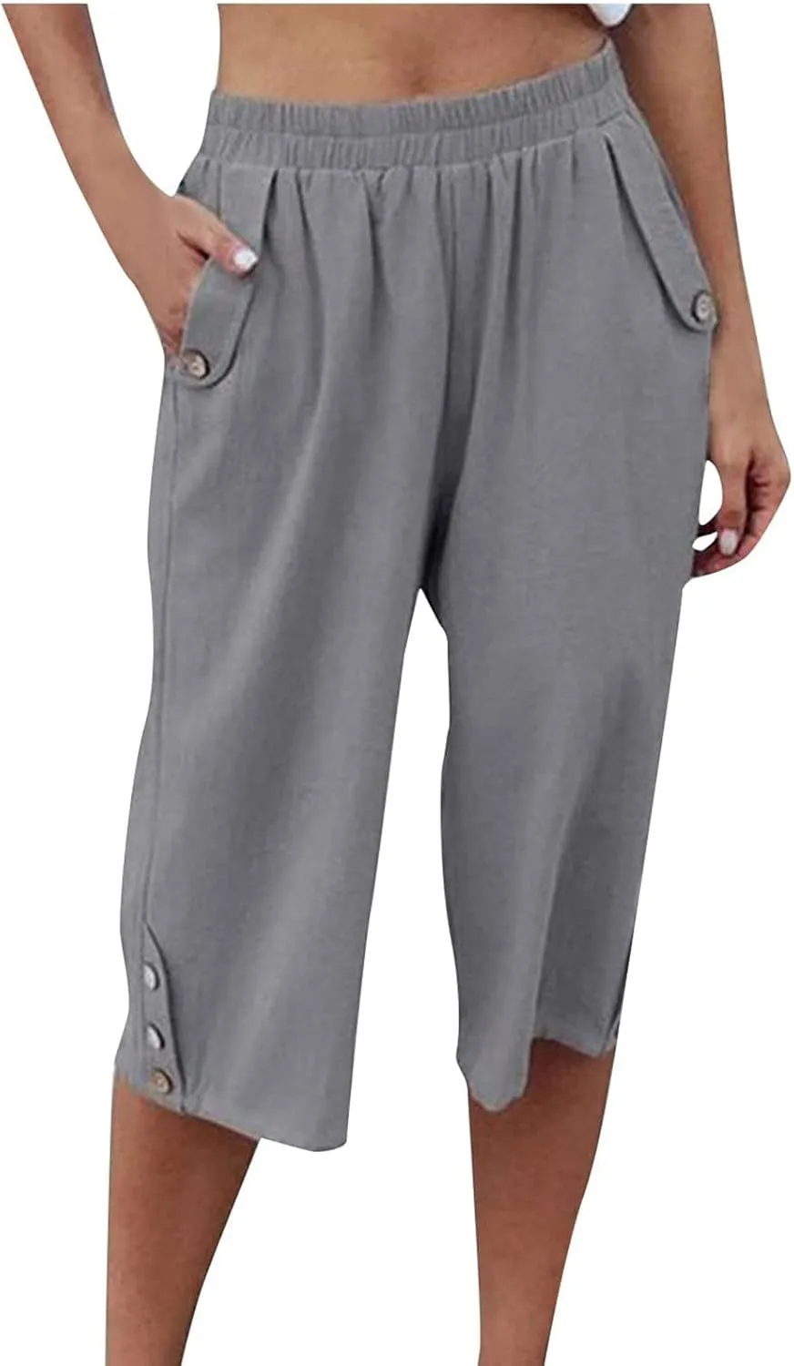 Womens Capri Pants Casual Bermuda Linen Cropped Pants Elastic Waist 3/4 Wide Leg Summer Trousers with Pockets