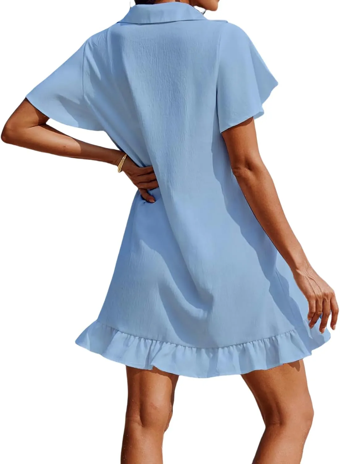 Womens Dresses Polo Tshirts Dresses V Neck Short Sleeve Ruffle Hem Mini Dress Summer Solid Color Beach Sundress 2025