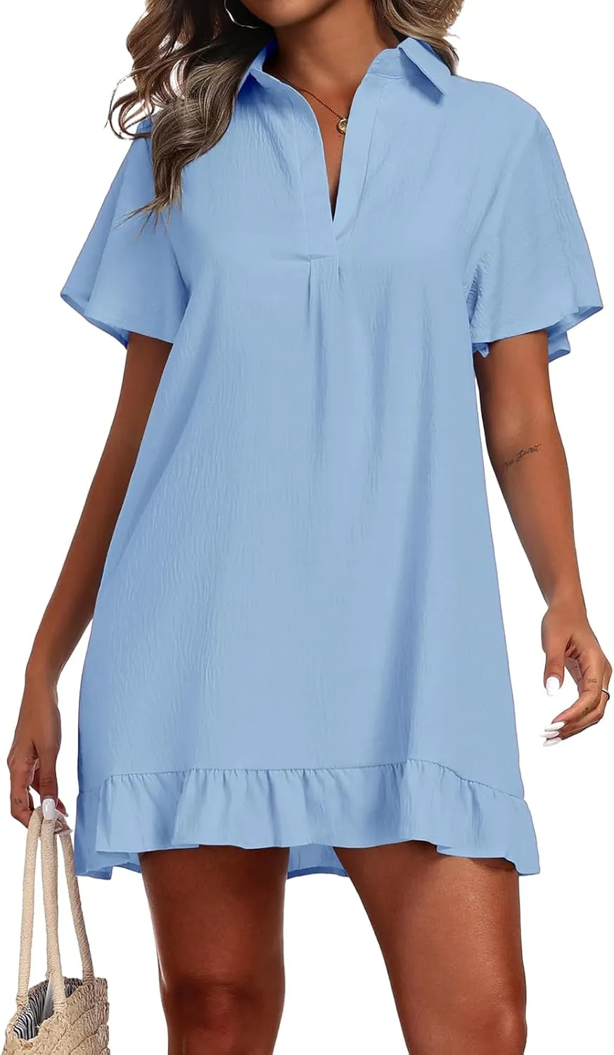 Womens Dresses Polo Tshirts Dresses V Neck Short Sleeve Ruffle Hem Mini Dress Summer Solid Color Beach Sundress 2025